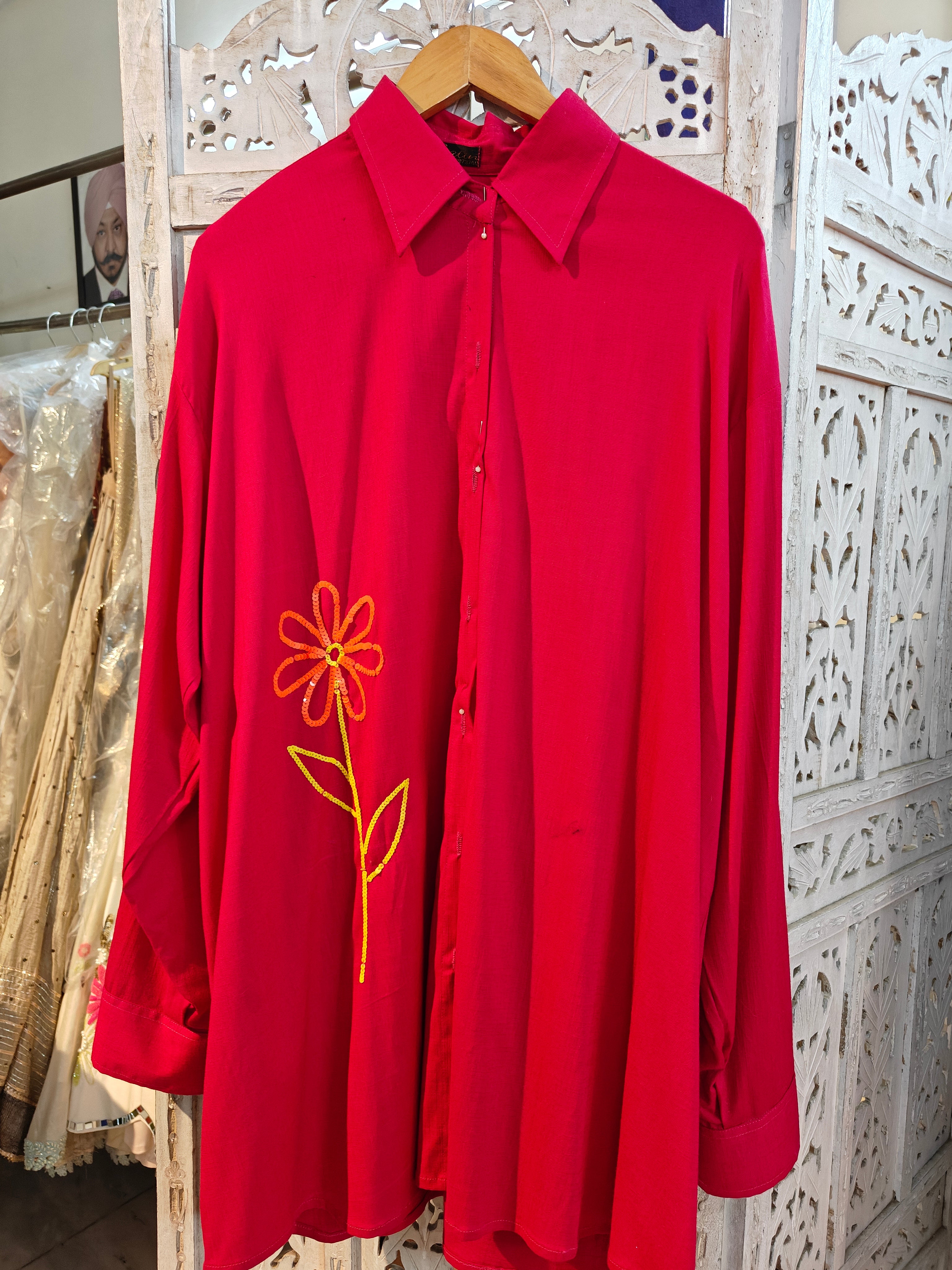 Hot Pink Oversized Shirt for Women – Linen Lycra Free Size Embroidered Sequin Shirt | Trendy Travel, Office & Festive Wear