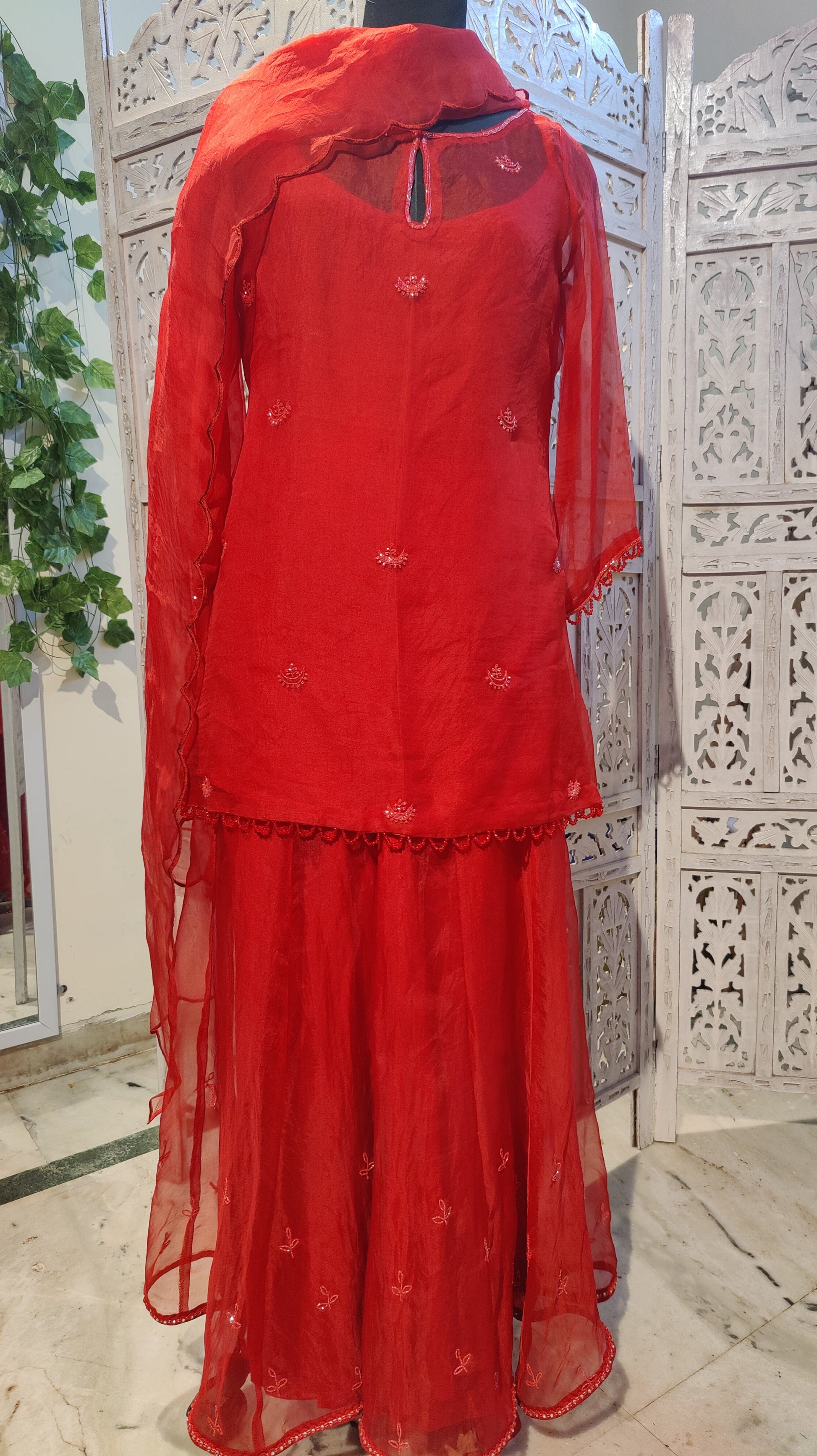 CHAND🌙 Deep Red Pure Organza Sharara Set with Chand Buti and Katdana Embroidery Indian Wedding Outfit with Strap Slip and Scalloped Dupatta Perfect for Trousseau and Festive Wear