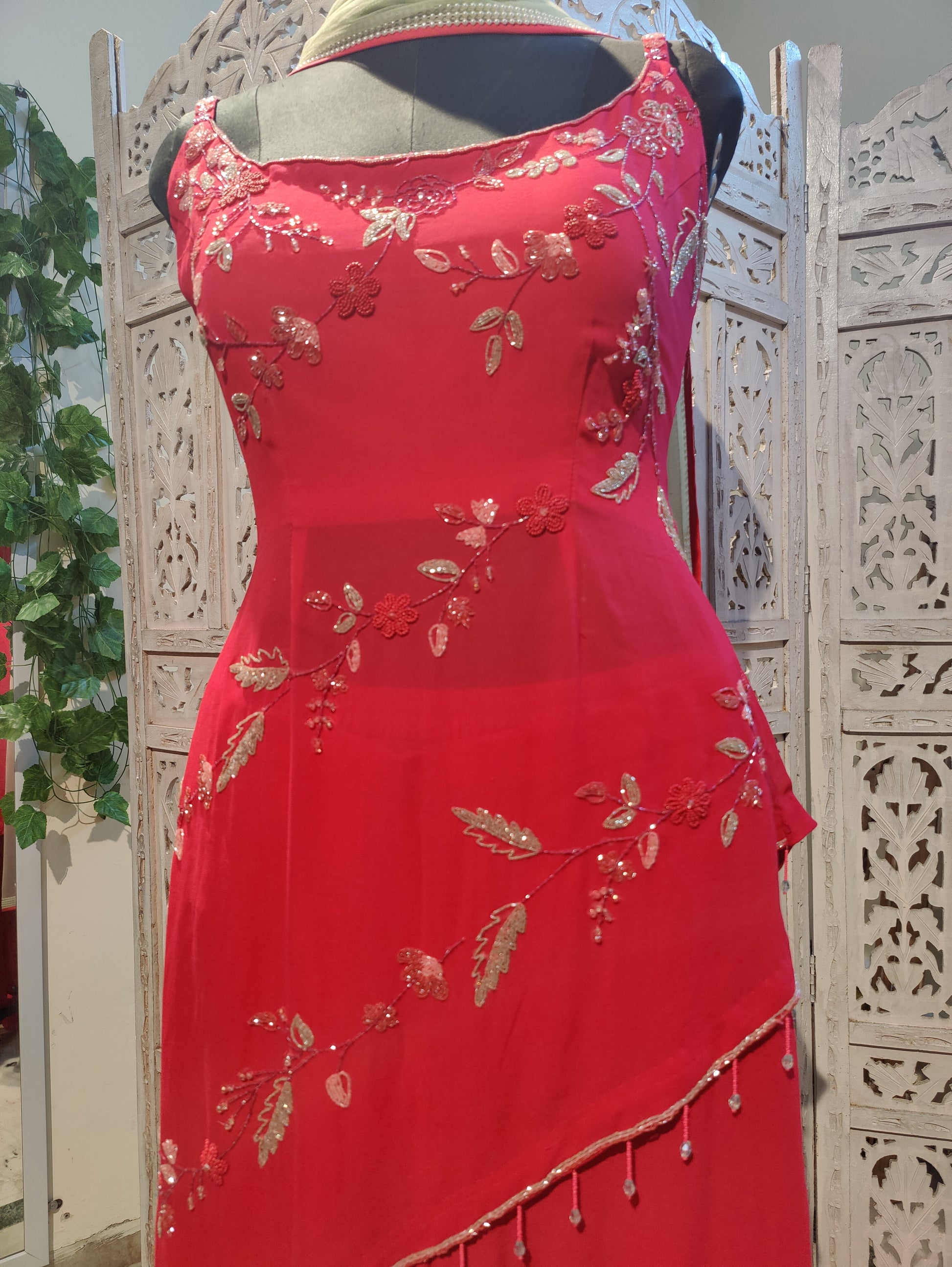 Hot Pink Asymmetric Designer Sharara Suit for Weddings Celebrity Style Indian Outfit with Hand Embroidery and Net Dupatta