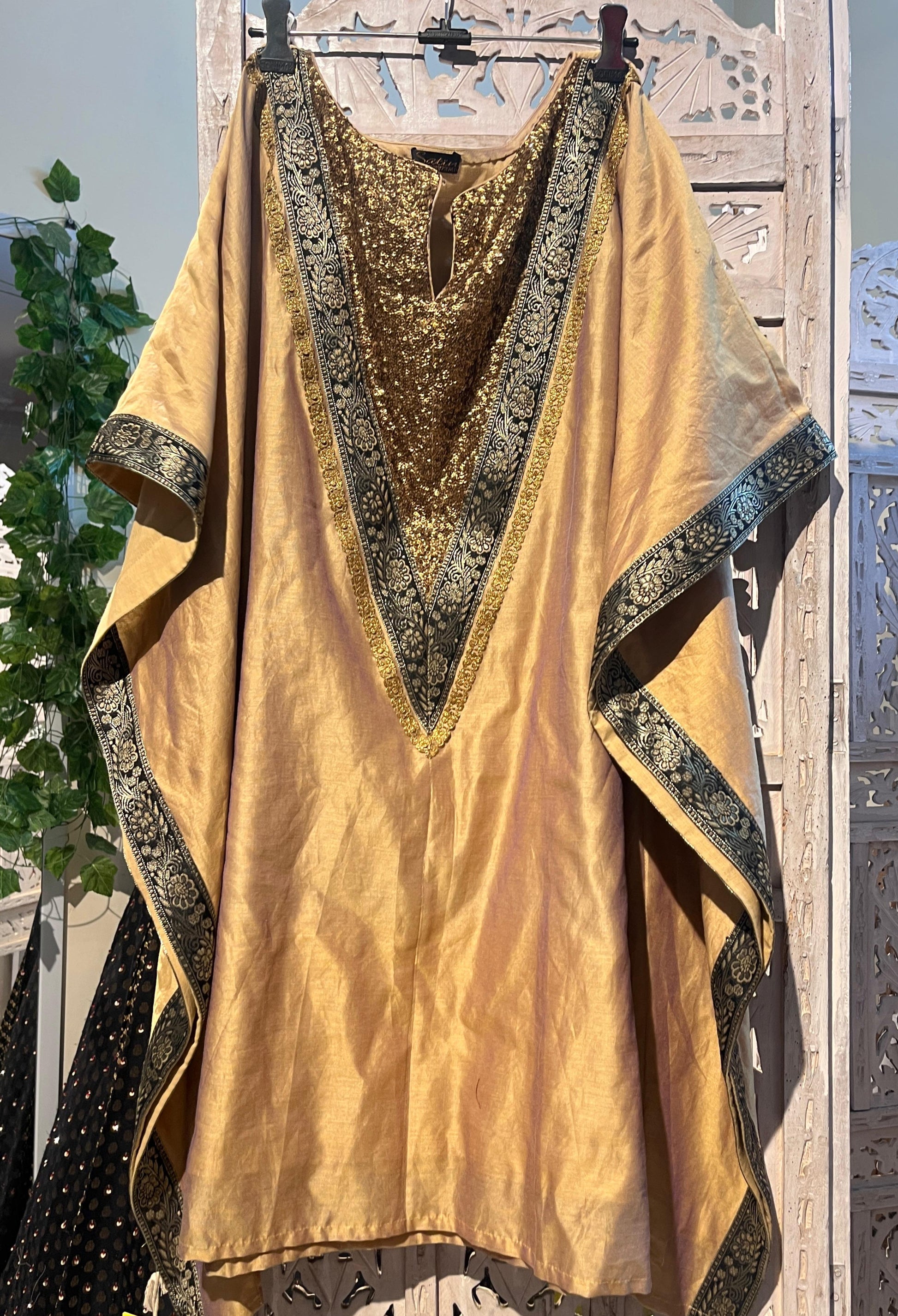 Gold Pure Chanderi Silk Kaftan with Black Banarasi Border