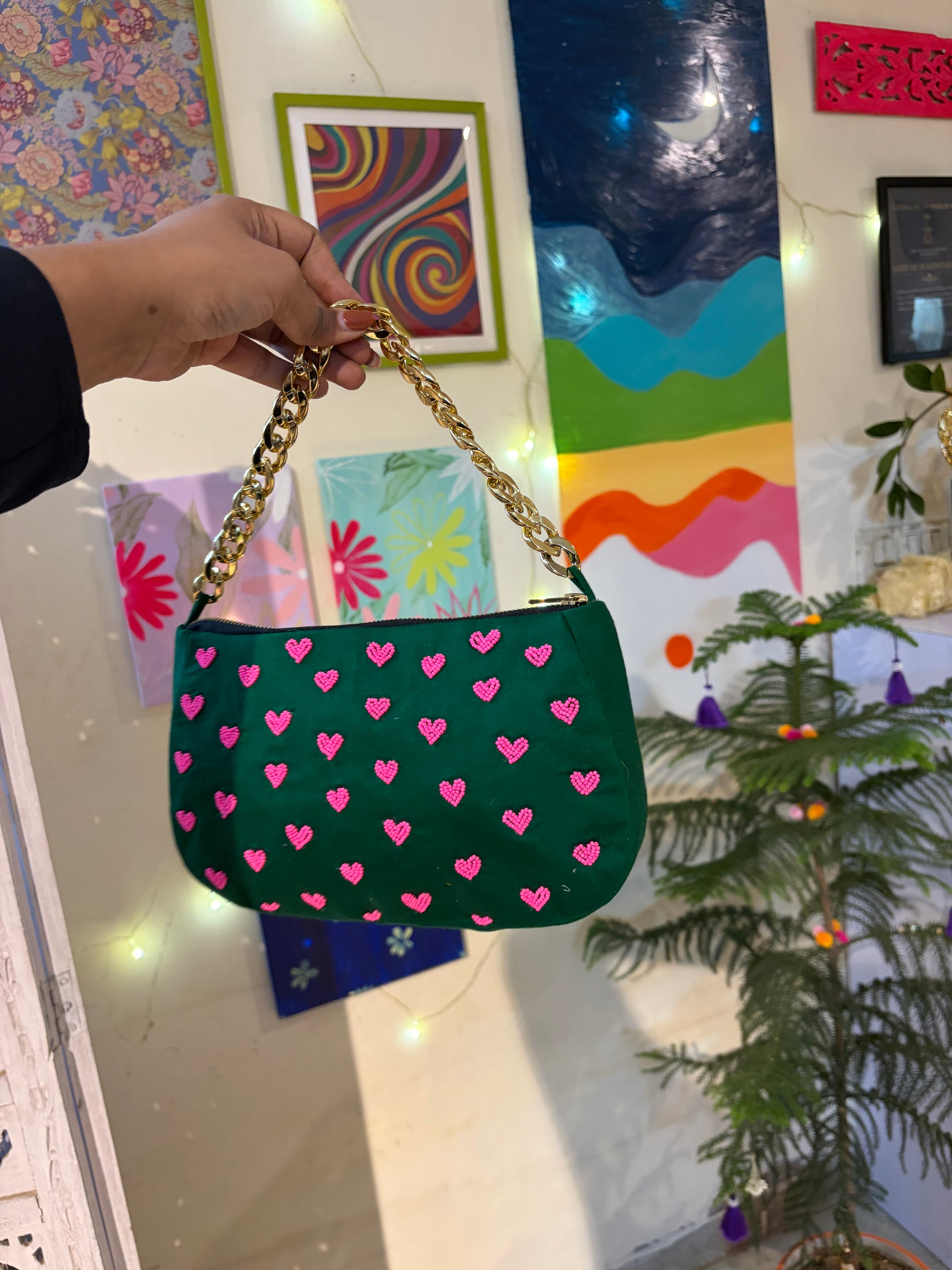 Green embroidered handbag with cute hearts embroidery