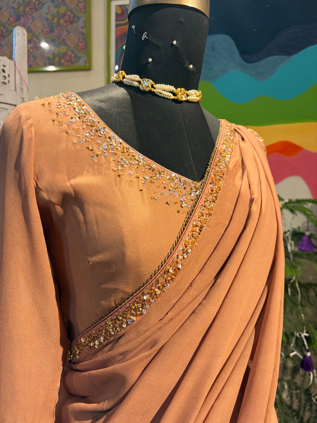 Nude brown ombre embroidered saree in Georgette