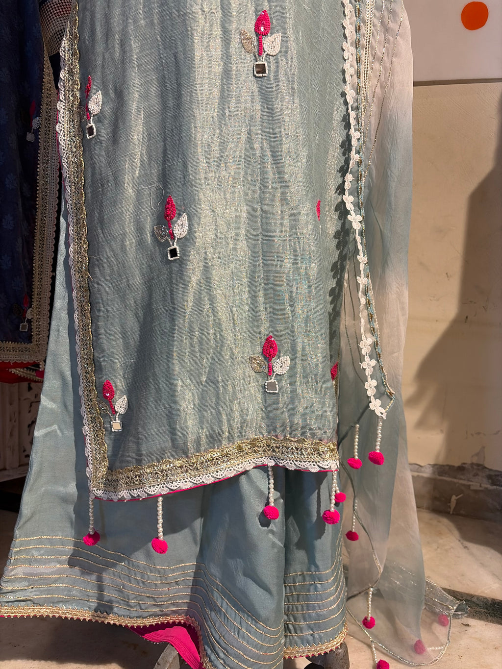 Aasmaan- Ice blue Embroidered pure silk sharara suit