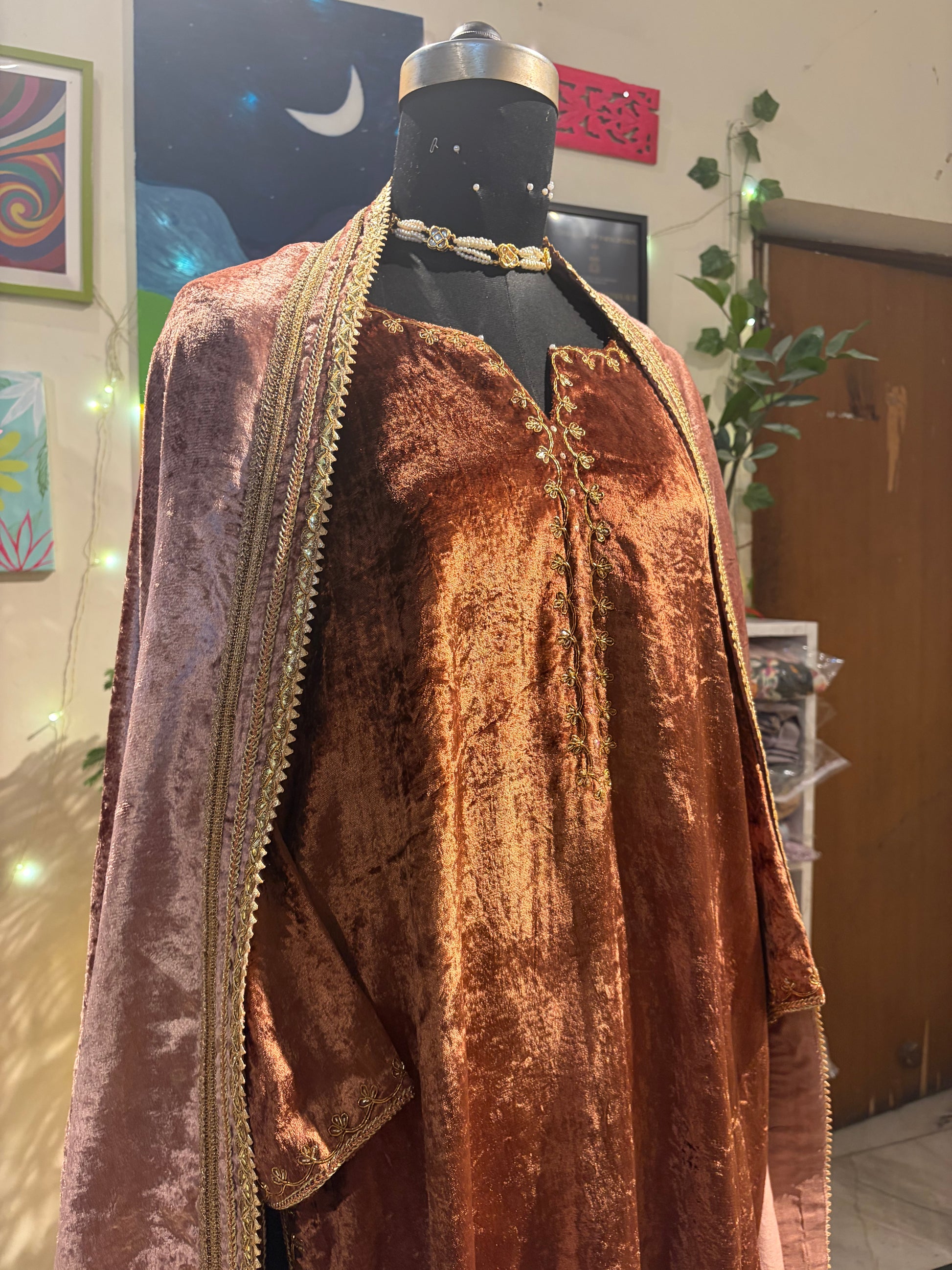 Nude brown ombre embroidered saree in Georgette