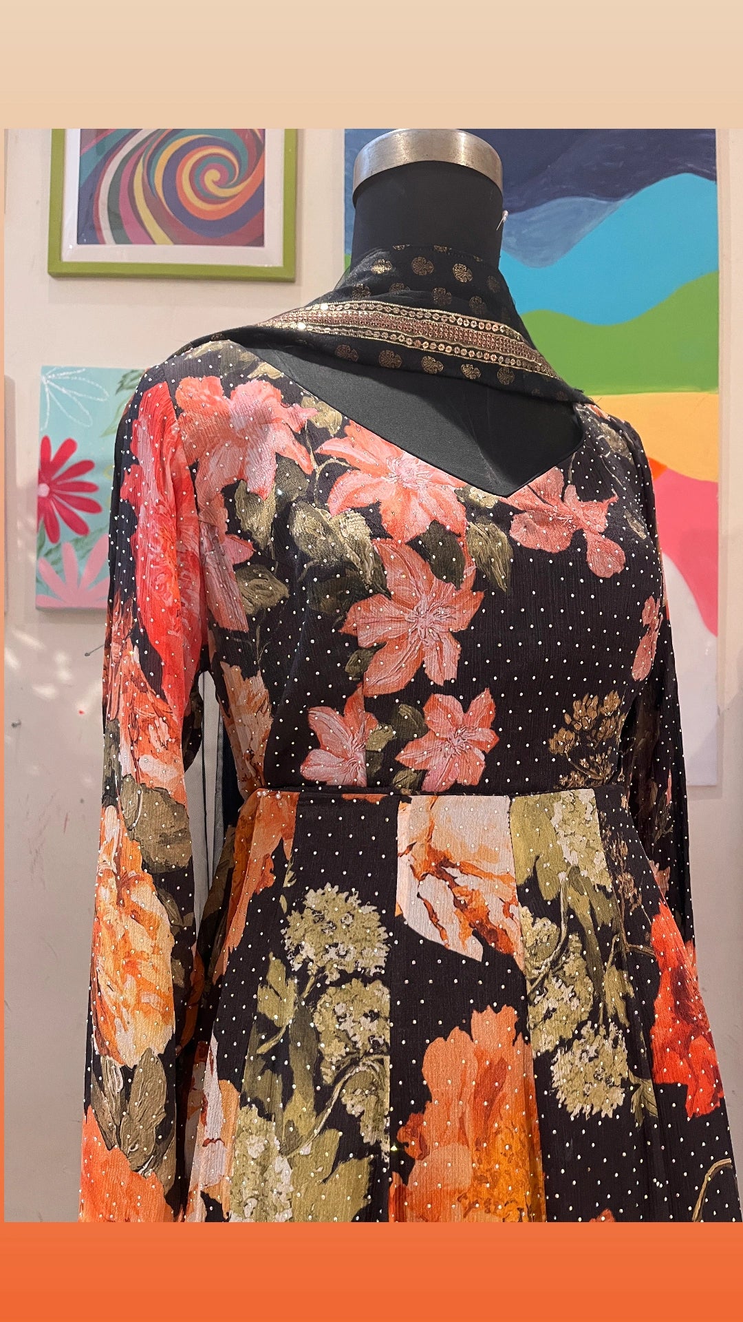 Black printed georgette anarkali with stonework