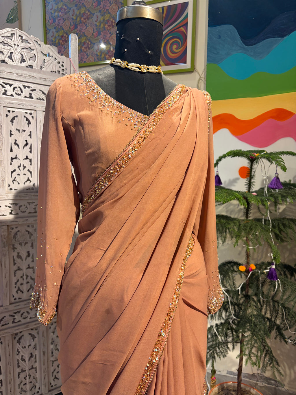 Nude brown ombre embroidered saree in Georgette