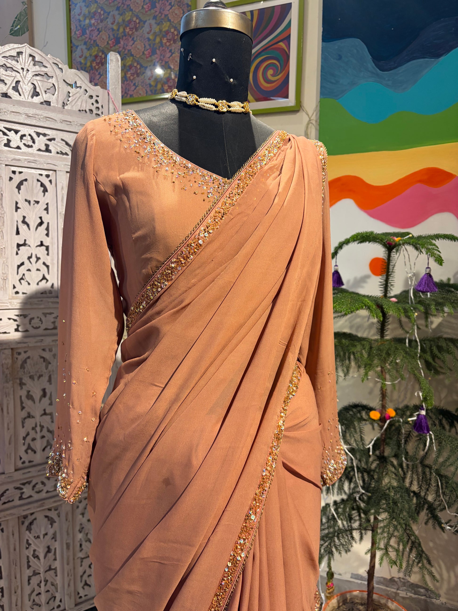 Nude brown ombre embroidered saree in Georgette