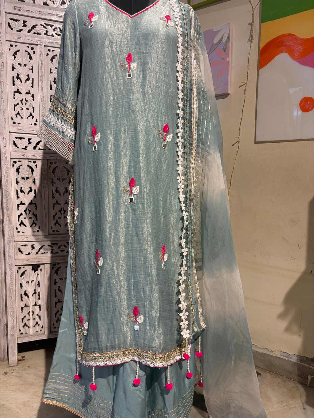 Aasmaan- Ice blue Embroidered pure silk sharara suit