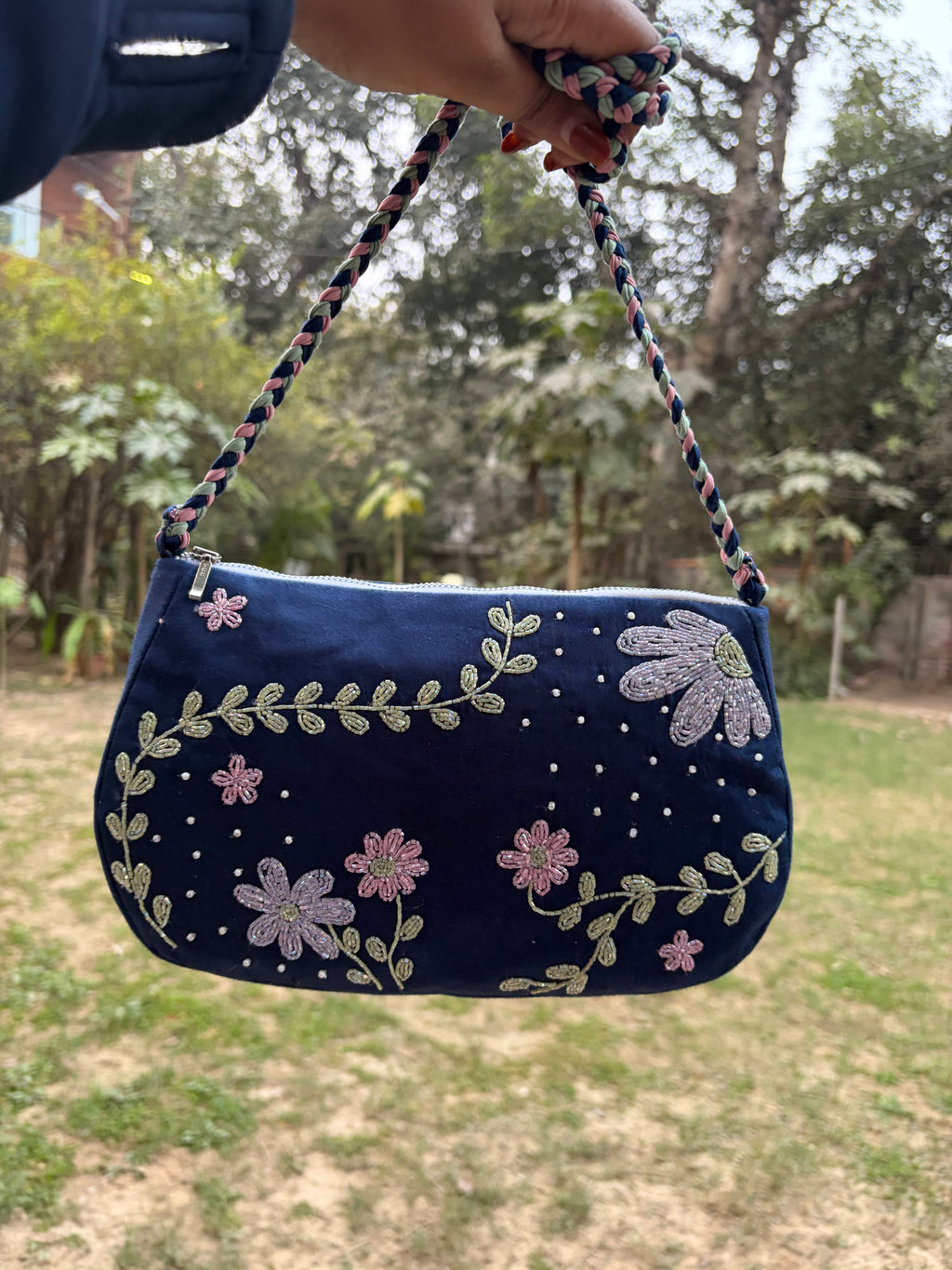 Blue garden Handembroidered shoulder bag