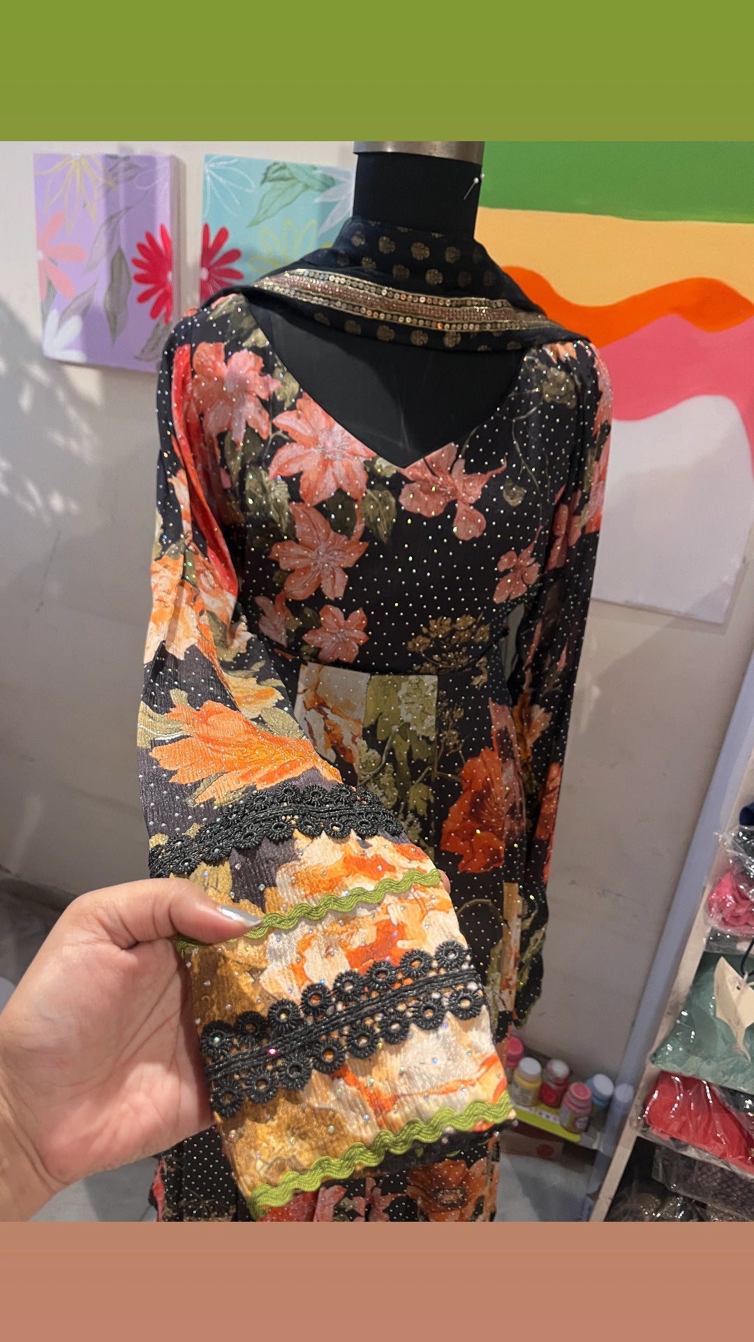 Black printed georgette anarkali with stonework