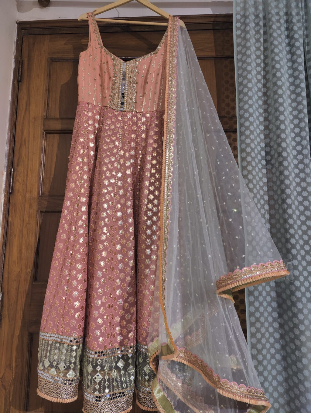 Peach pink Anarkali with mirror work