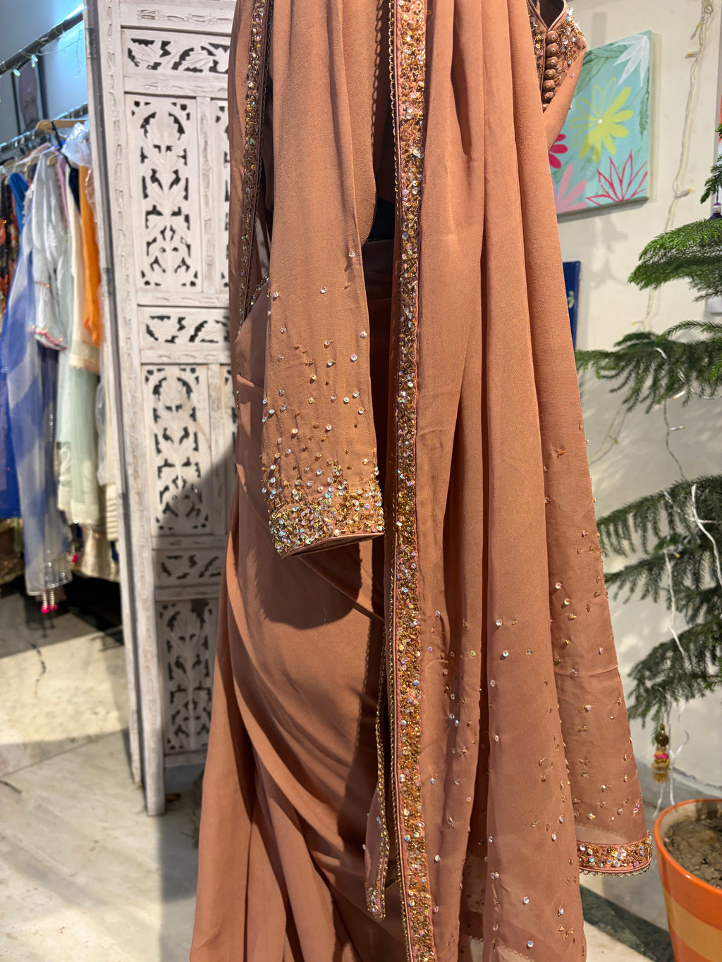 Nude brown ombre embroidered saree in Georgette