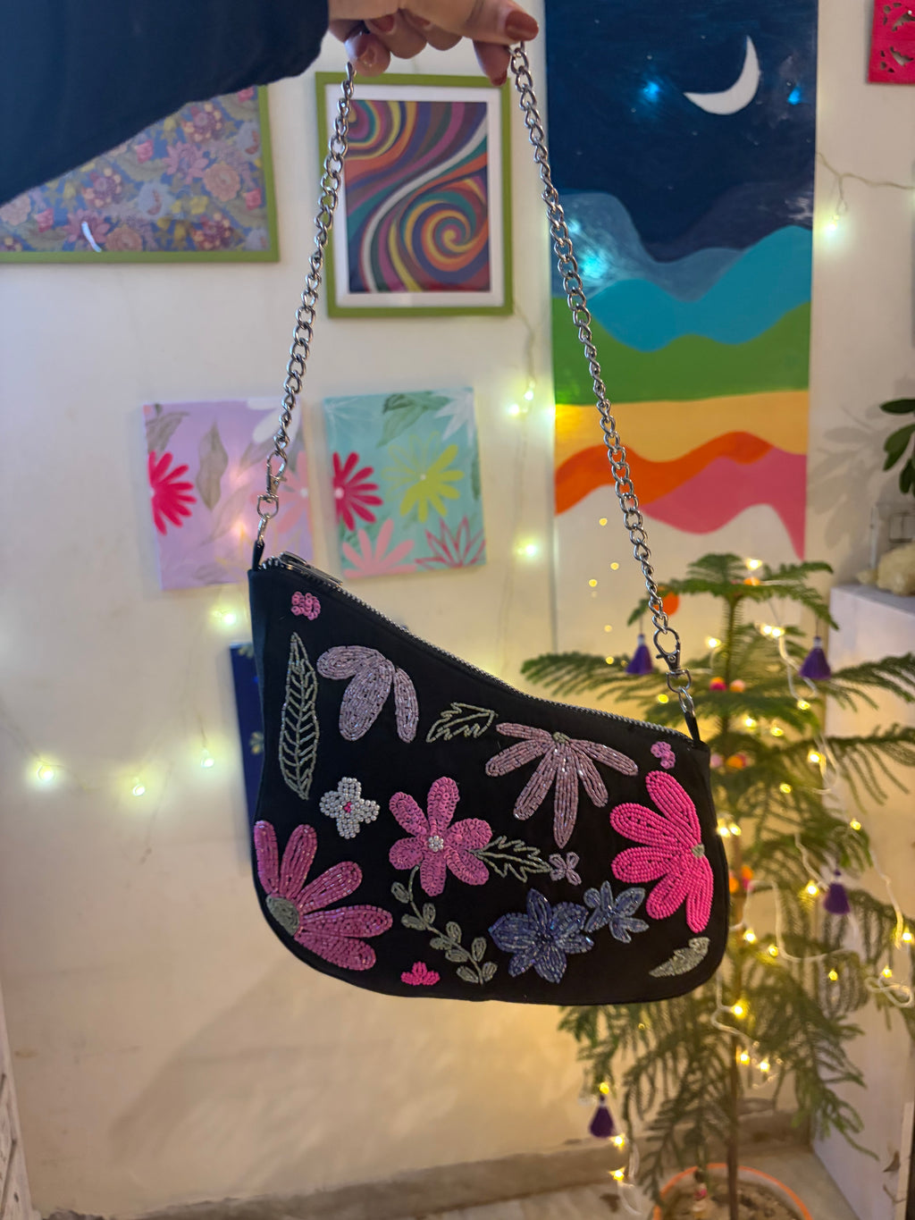 Black Asymmetrical Embroidered handbag