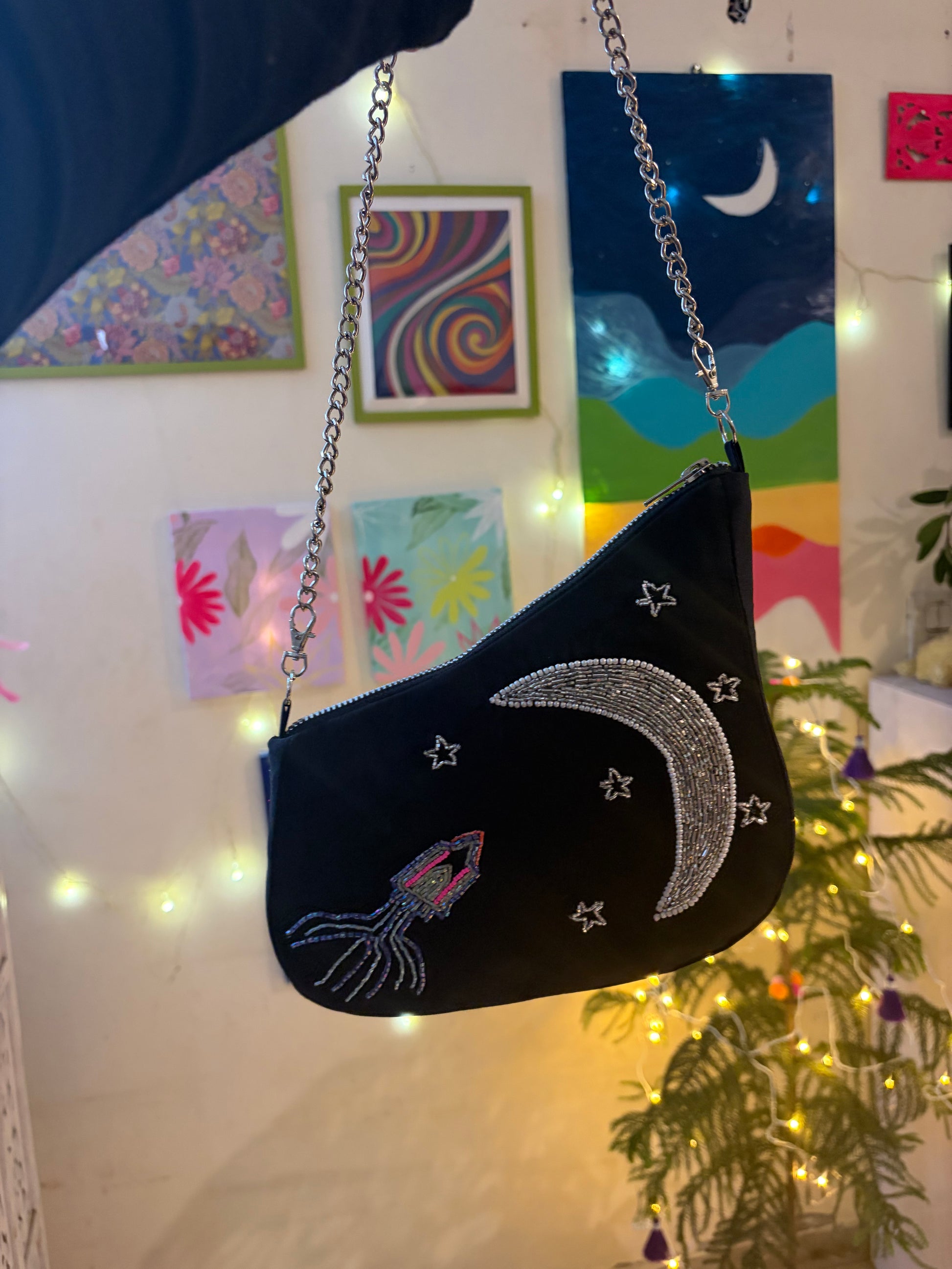 Black Asymmetrical Embroidered handbag