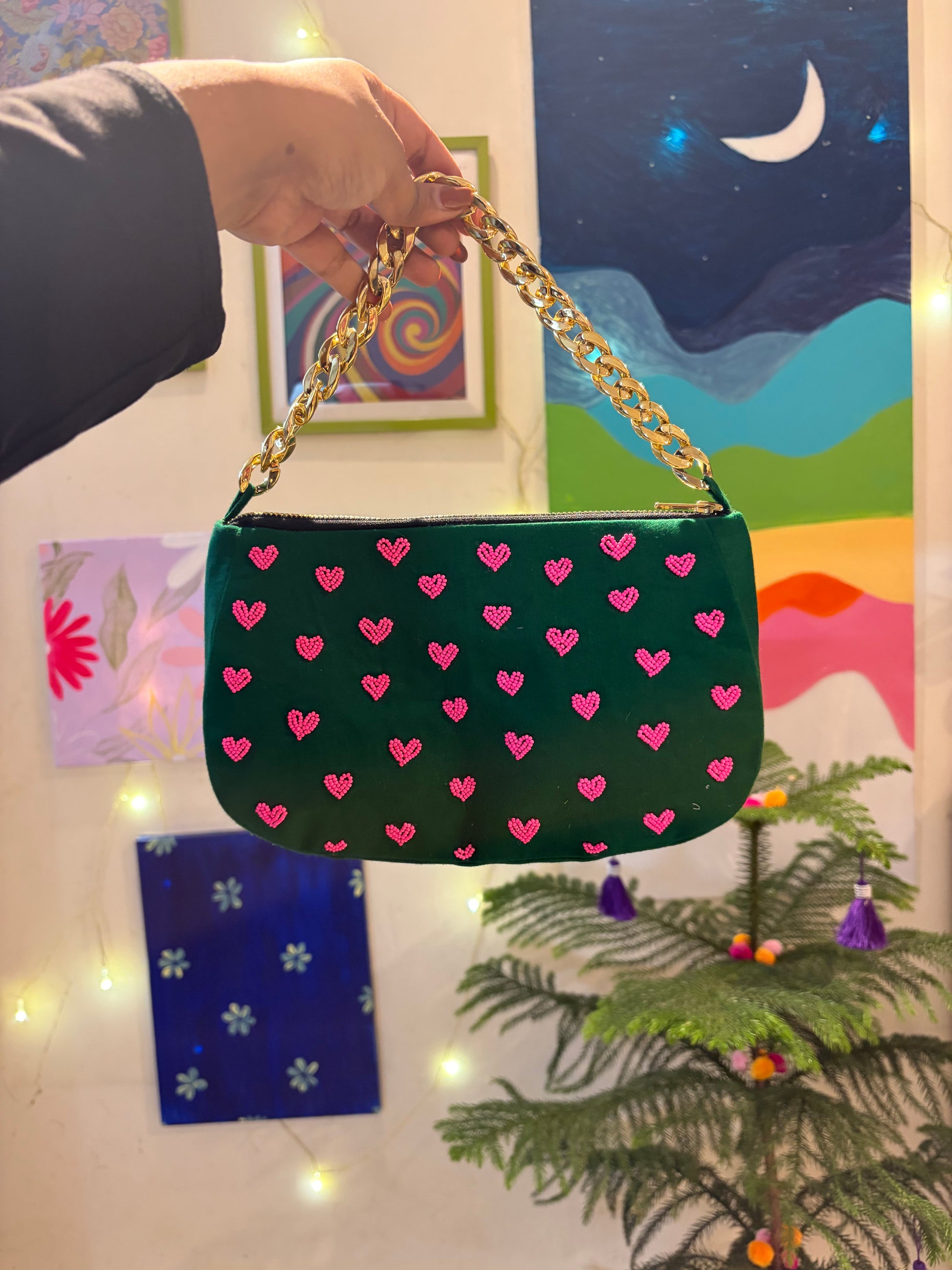 Green embroidered handbag with cute hearts embroidery