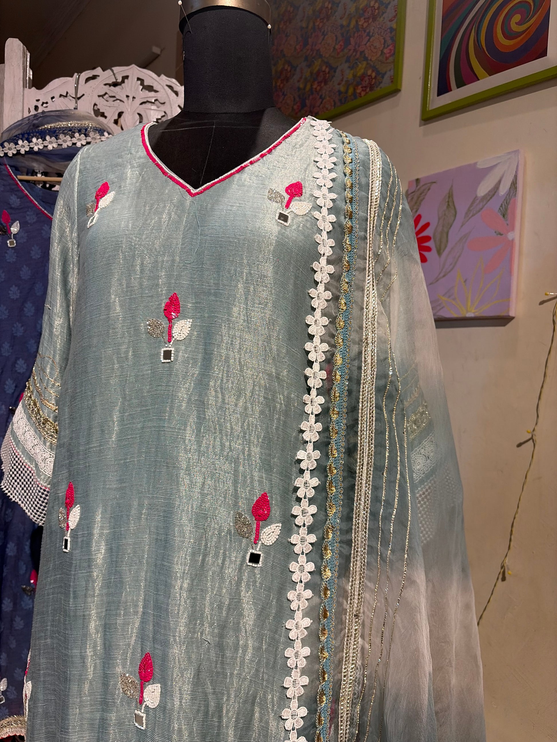 Aasmaan- Ice blue Embroidered pure silk sharara suit
