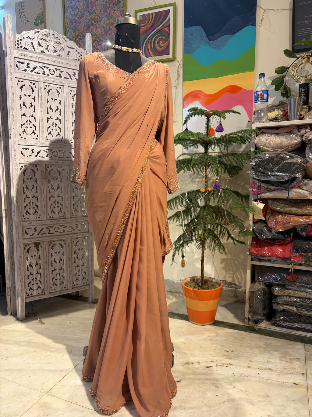Nude brown ombre embroidered saree in Georgette