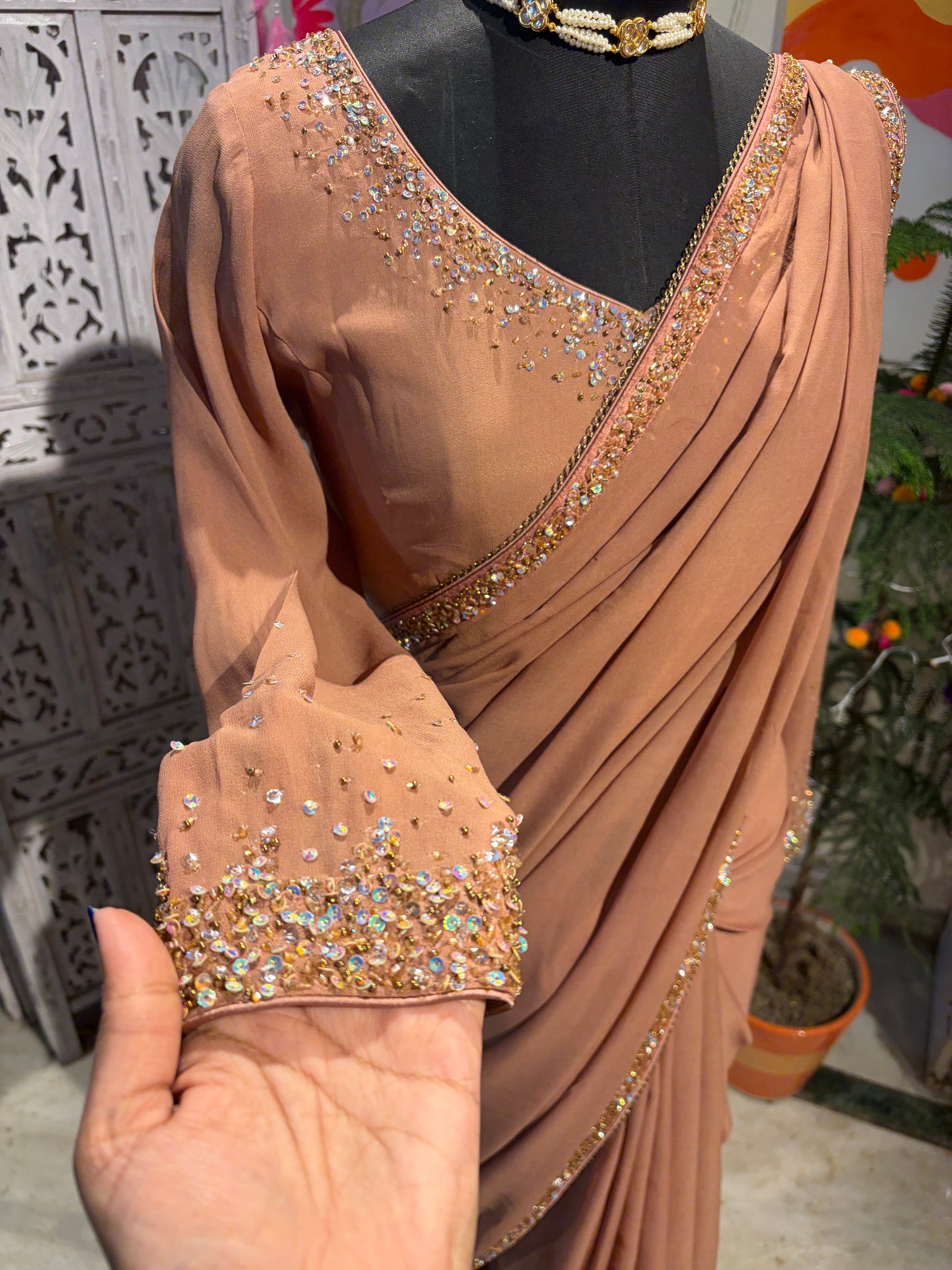 Nude brown ombre embroidered saree in Georgette