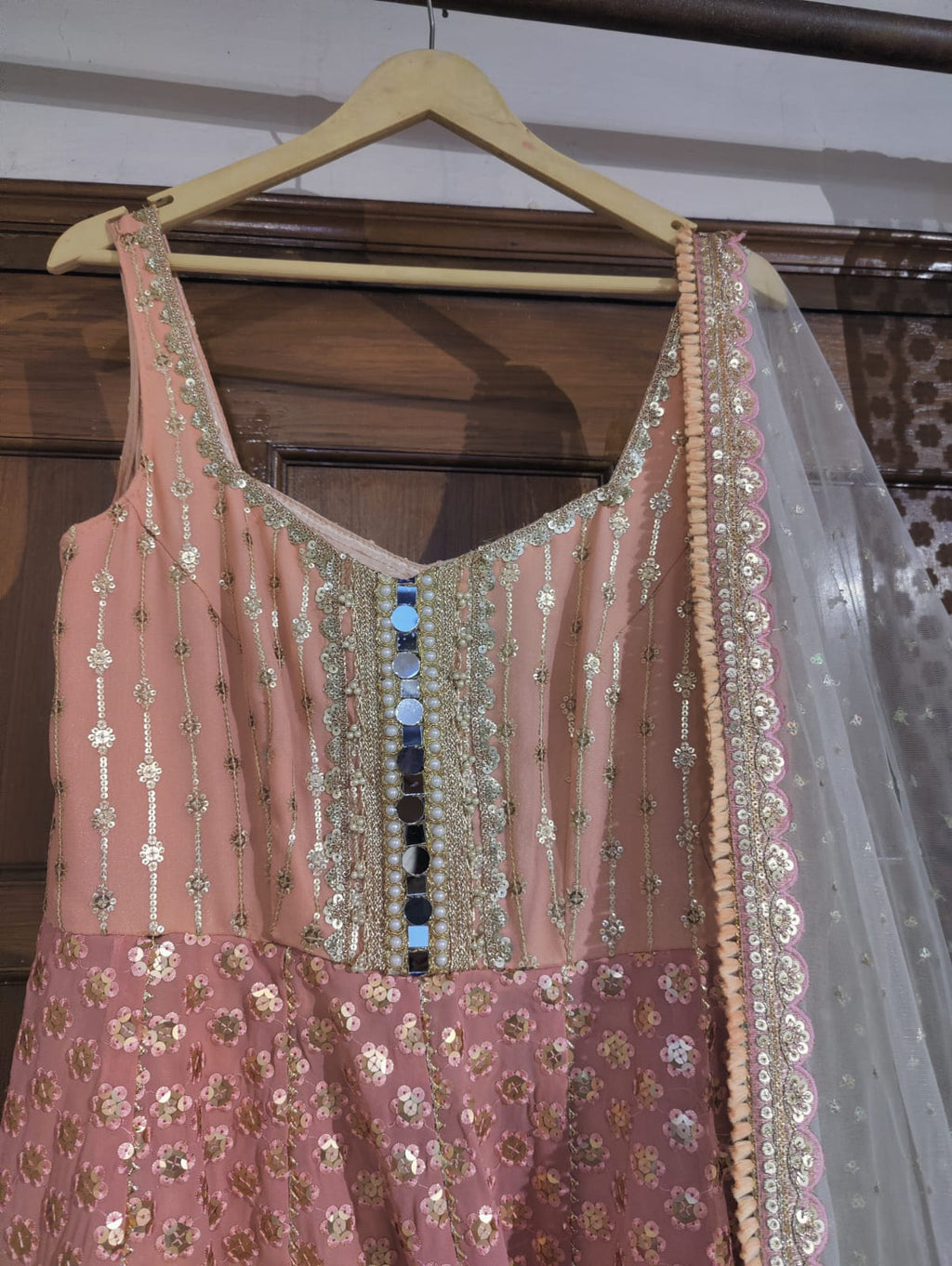Peach pink Anarkali with mirror work