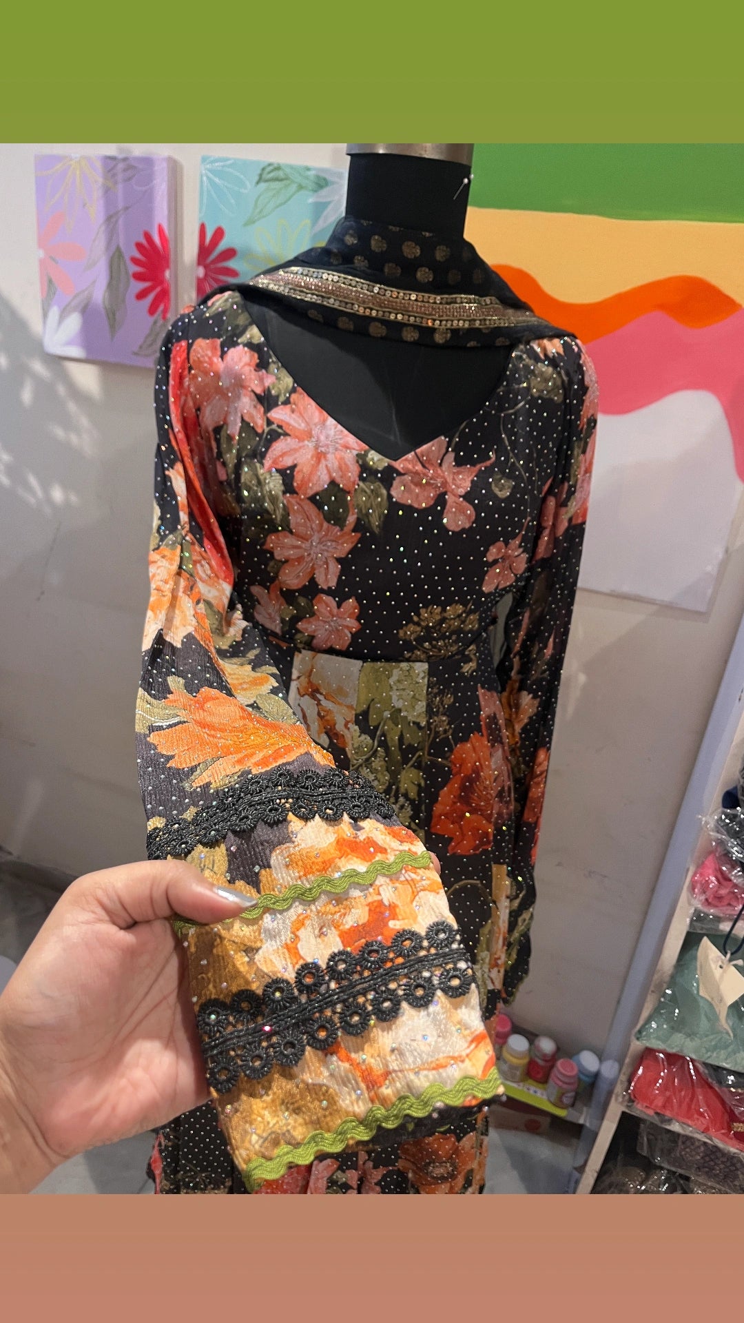 Black printed georgette anarkali with stonework