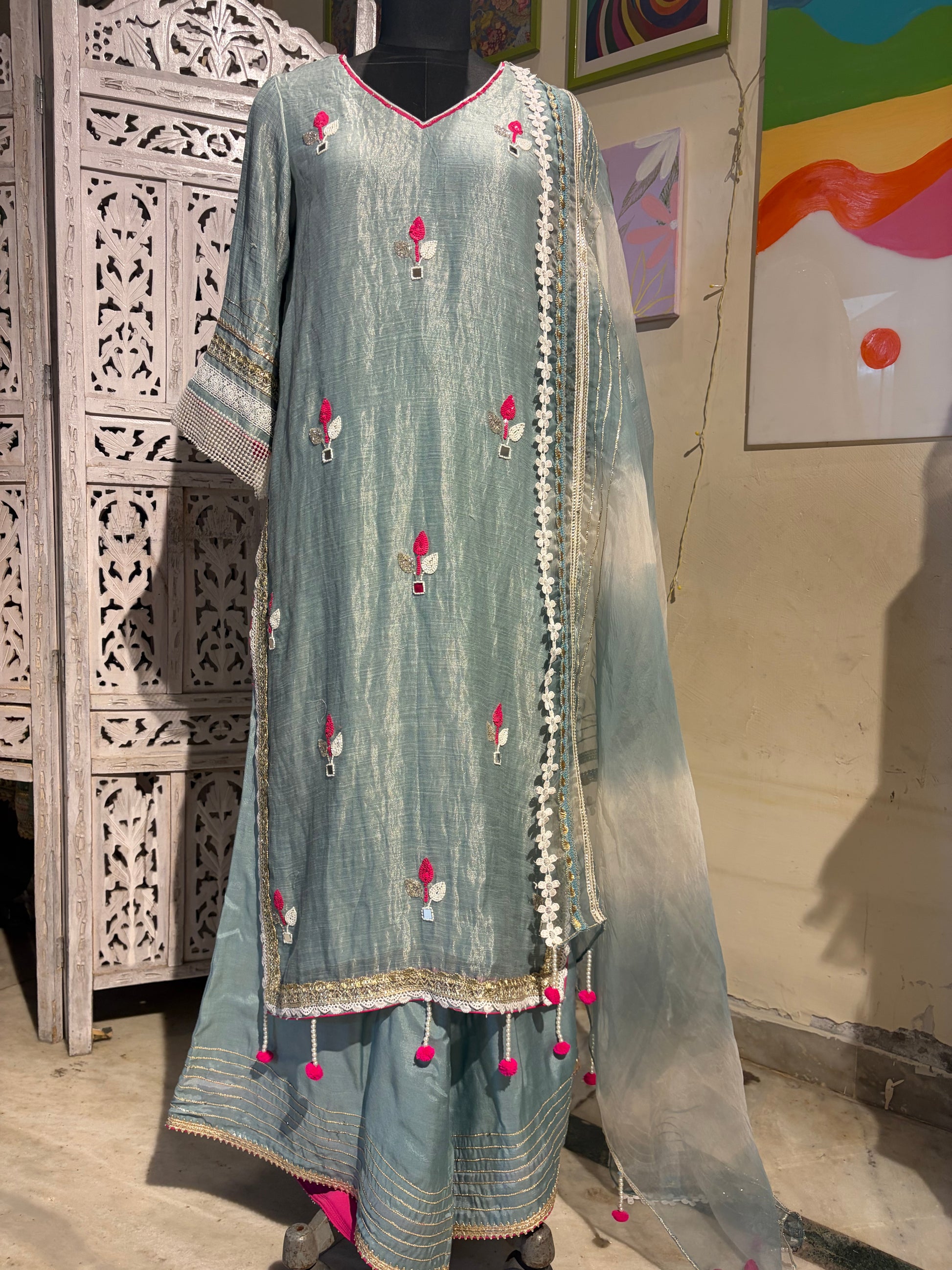 Aasmaan- Ice blue Embroidered pure silk sharara suit