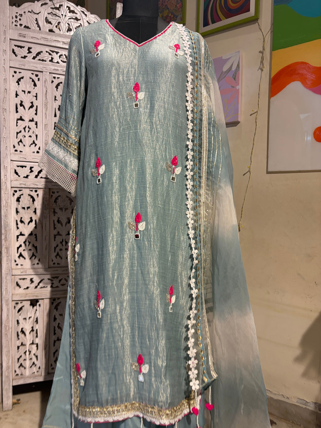 Aasmaan- Ice blue Embroidered pure silk sharara suit