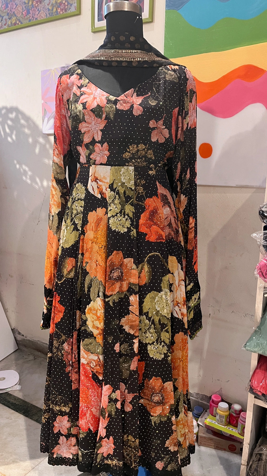 Black printed georgette anarkali with stonework