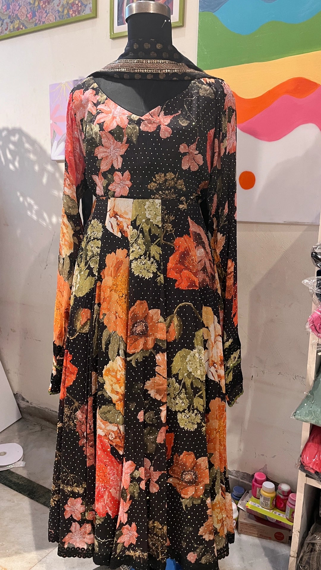 Black printed georgette anarkali with stonework