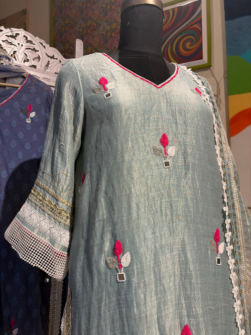 Aasmaan- Ice blue Embroidered pure silk sharara suit