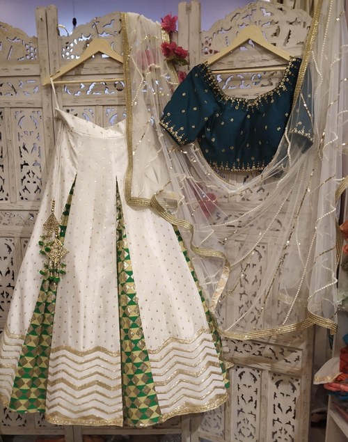 Box Pleated hand embroidered lehenga in pure silk- mehendi/sangeet functions