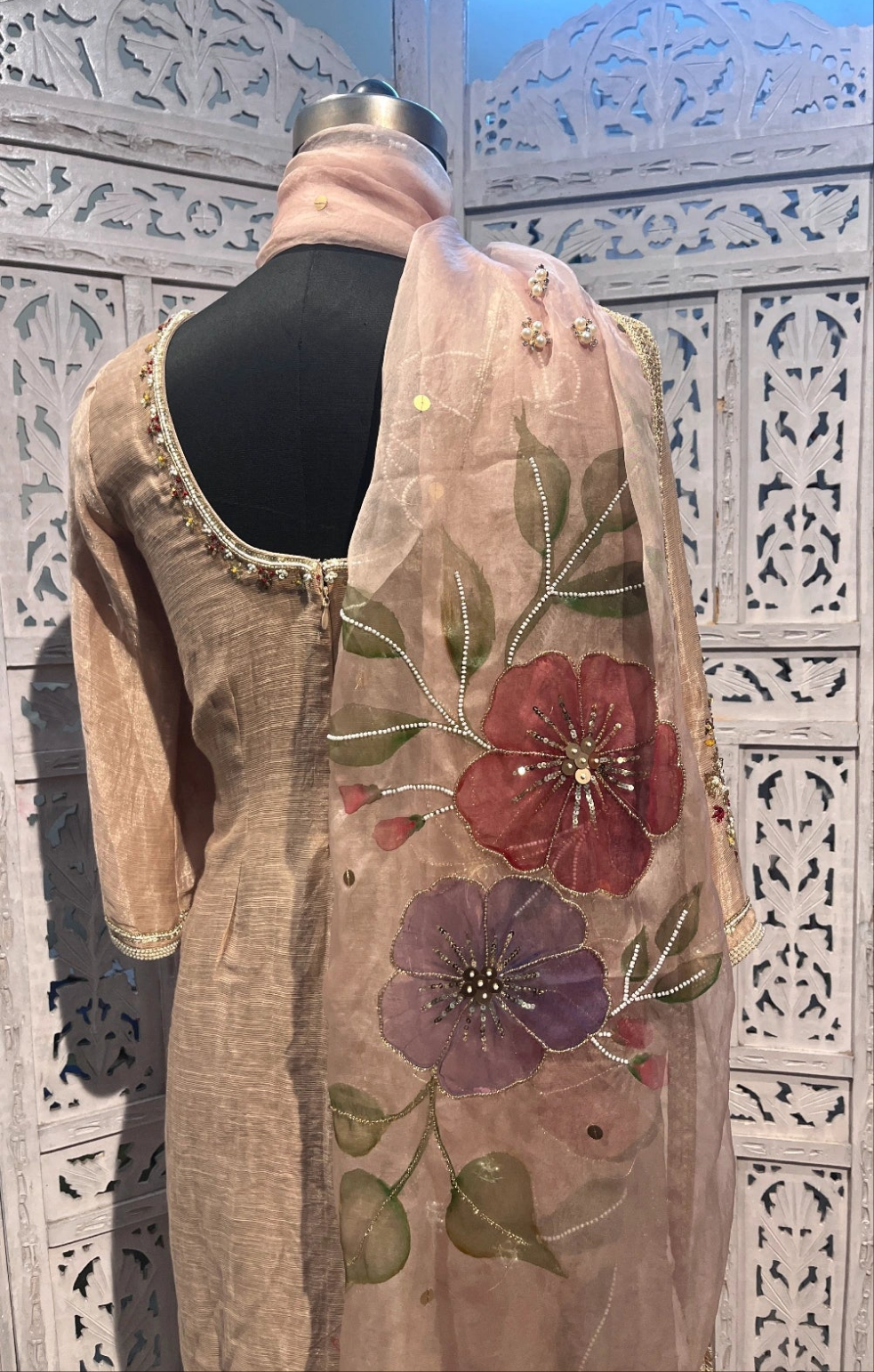 Jasmine Pure Chanderi Hand painted suit with Handwork