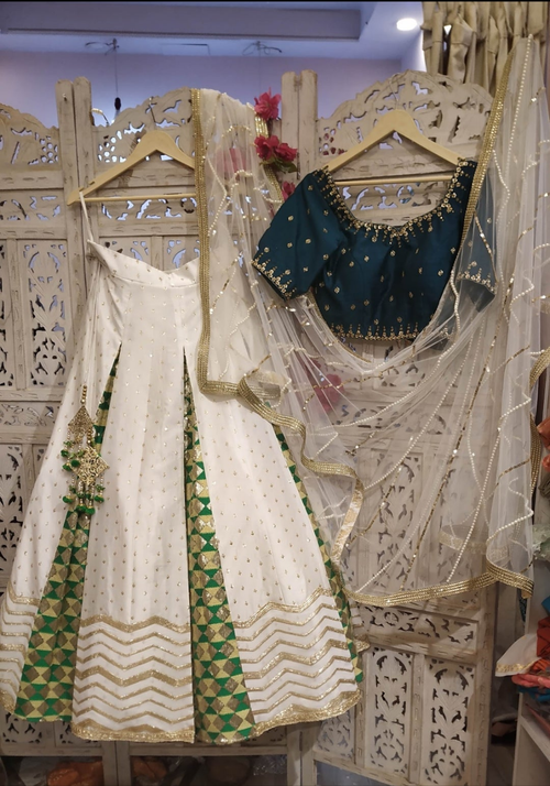 Box Pleated hand embroidered lehenga in pure silk- mehendi/sangeet functions