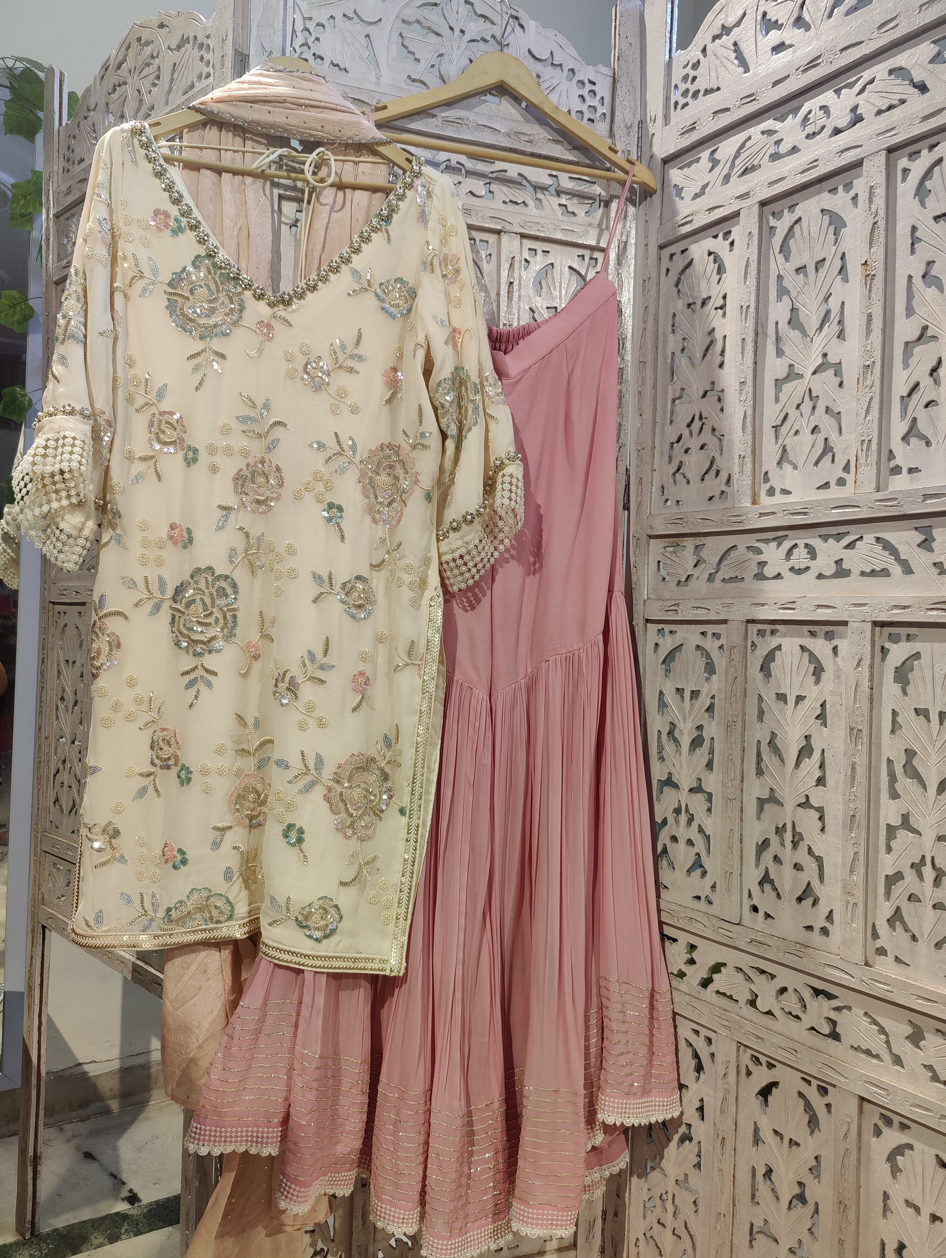 Ivory pink handembroidered gharara set in pure georgette