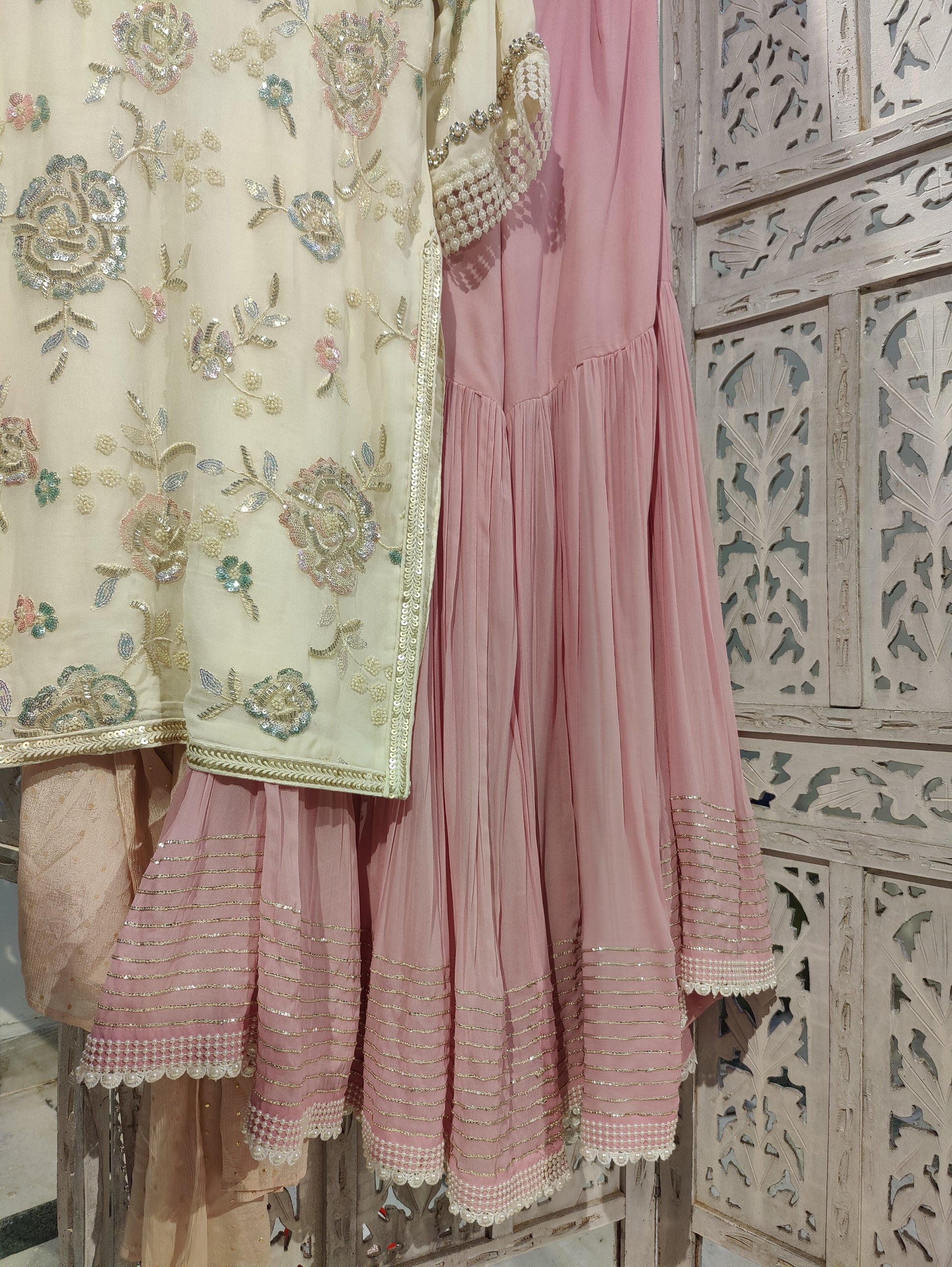 Ivory pink handembroidered gharara set in pure georgette