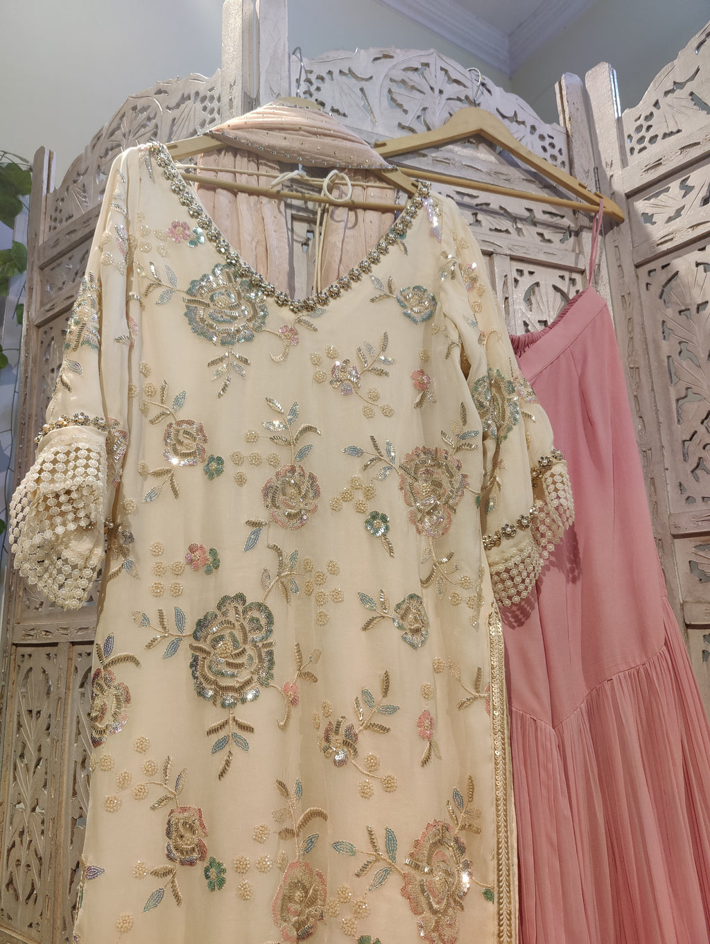 Ivory pink handembroidered gharara set in pure georgette