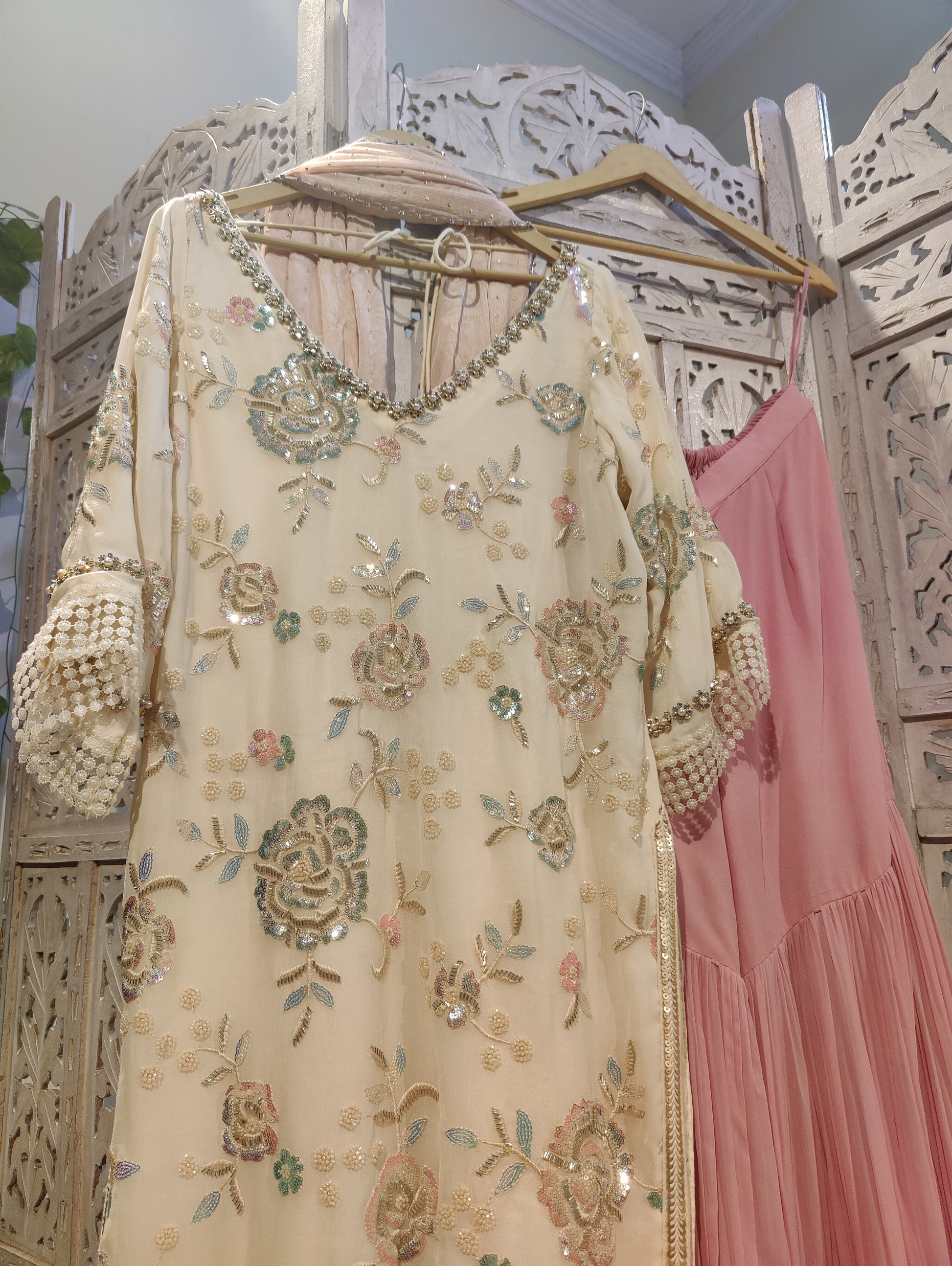 Ivory pink handembroidered gharara set in pure georgette