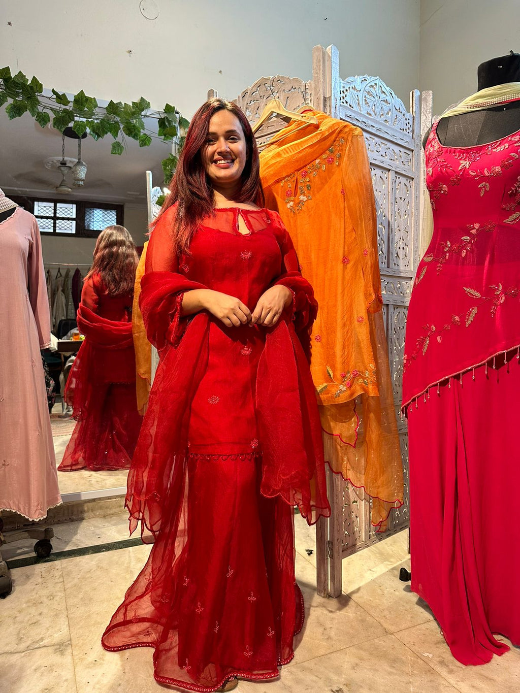 CHAND🌙 Deep Red Pure Organza Sharara Set with Chand Buti and Katdana Embroidery Indian Wedding Outfit with Strap Slip and Scalloped Dupatta Perfect for Trousseau and Festive Wear