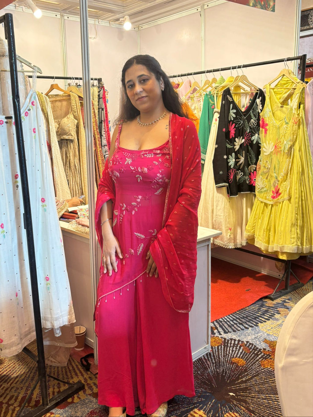 Hot Pink Asymmetric Designer Sharara Suit for Weddings Celebrity Style Indian Outfit with Hand Embroidery and Net Dupatta