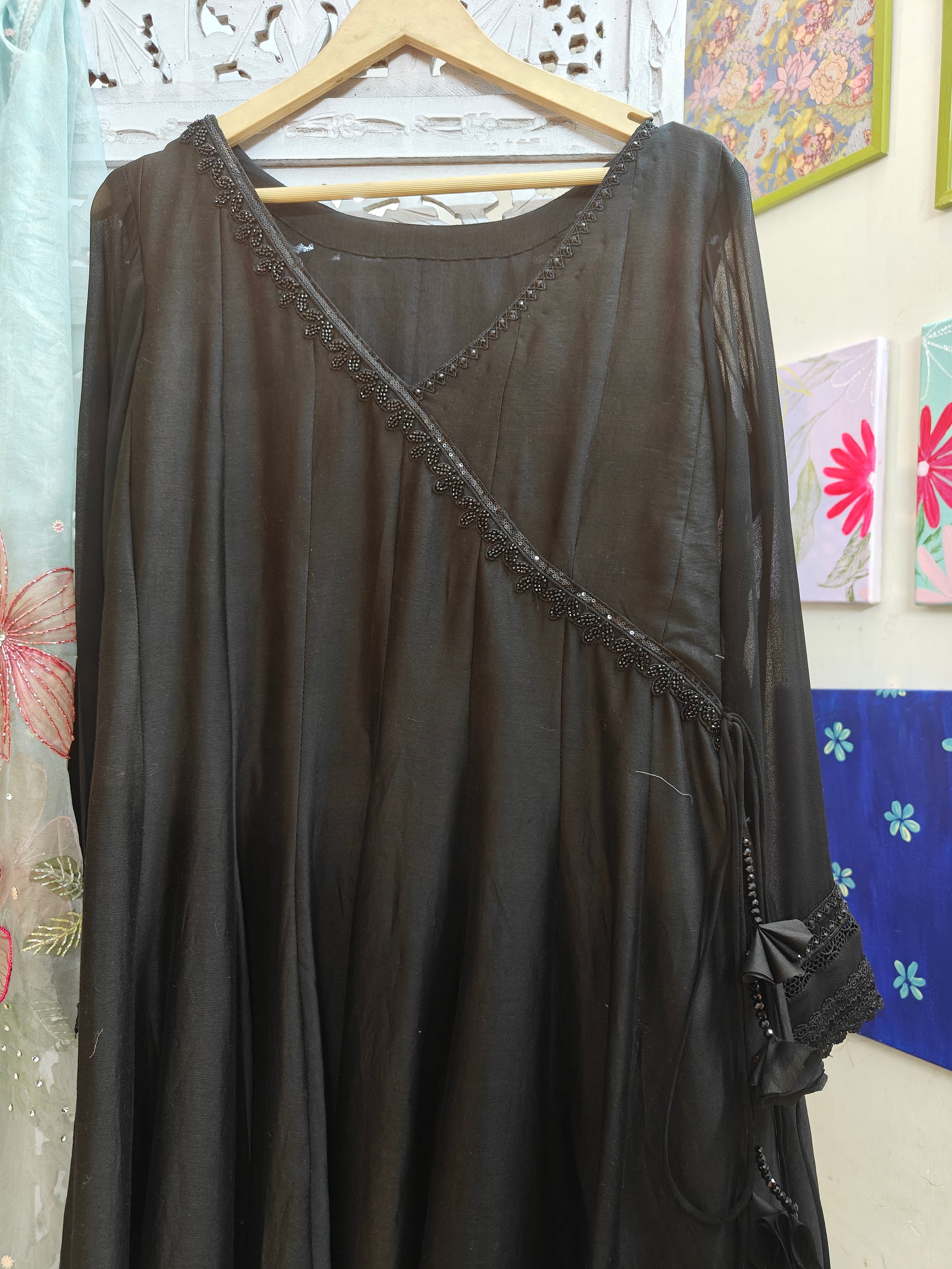 Black Pure Silk hand embroidered Anarkali with cotton silk pants