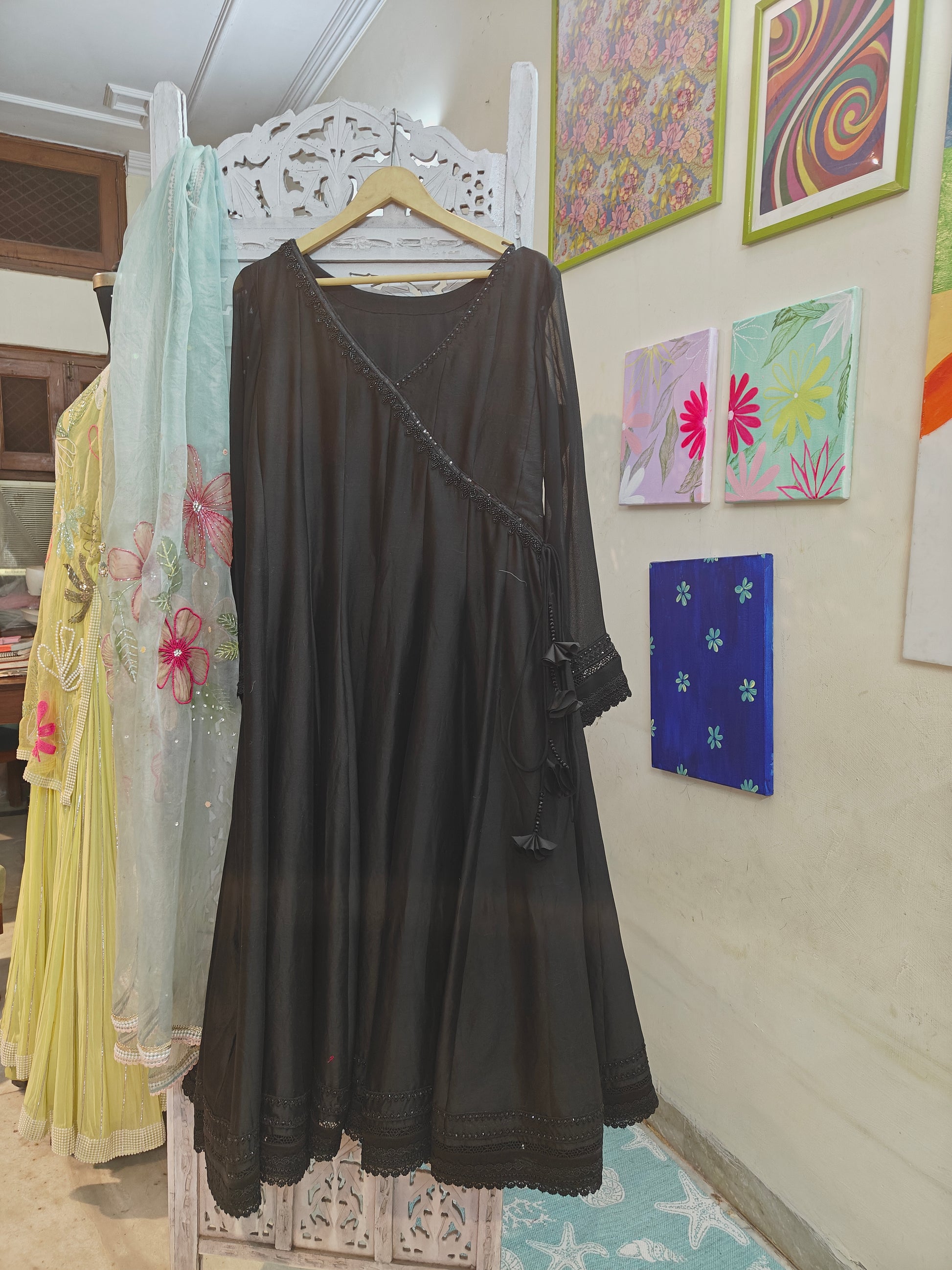 Black Pure Silk hand embroidered Anarkali with cotton silk pants
