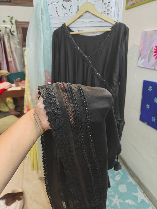 Black Pure Silk hand embroidered Anarkali with cotton silk pants