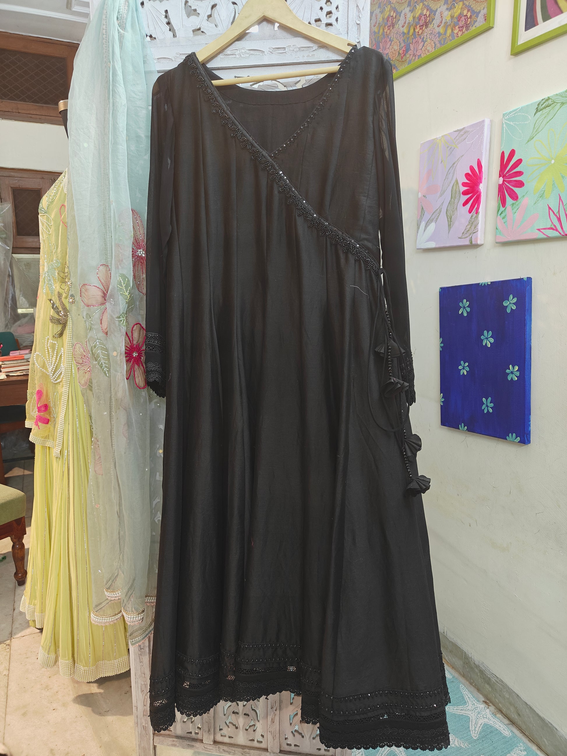 Black Pure Silk hand embroidered Anarkali with cotton silk pants