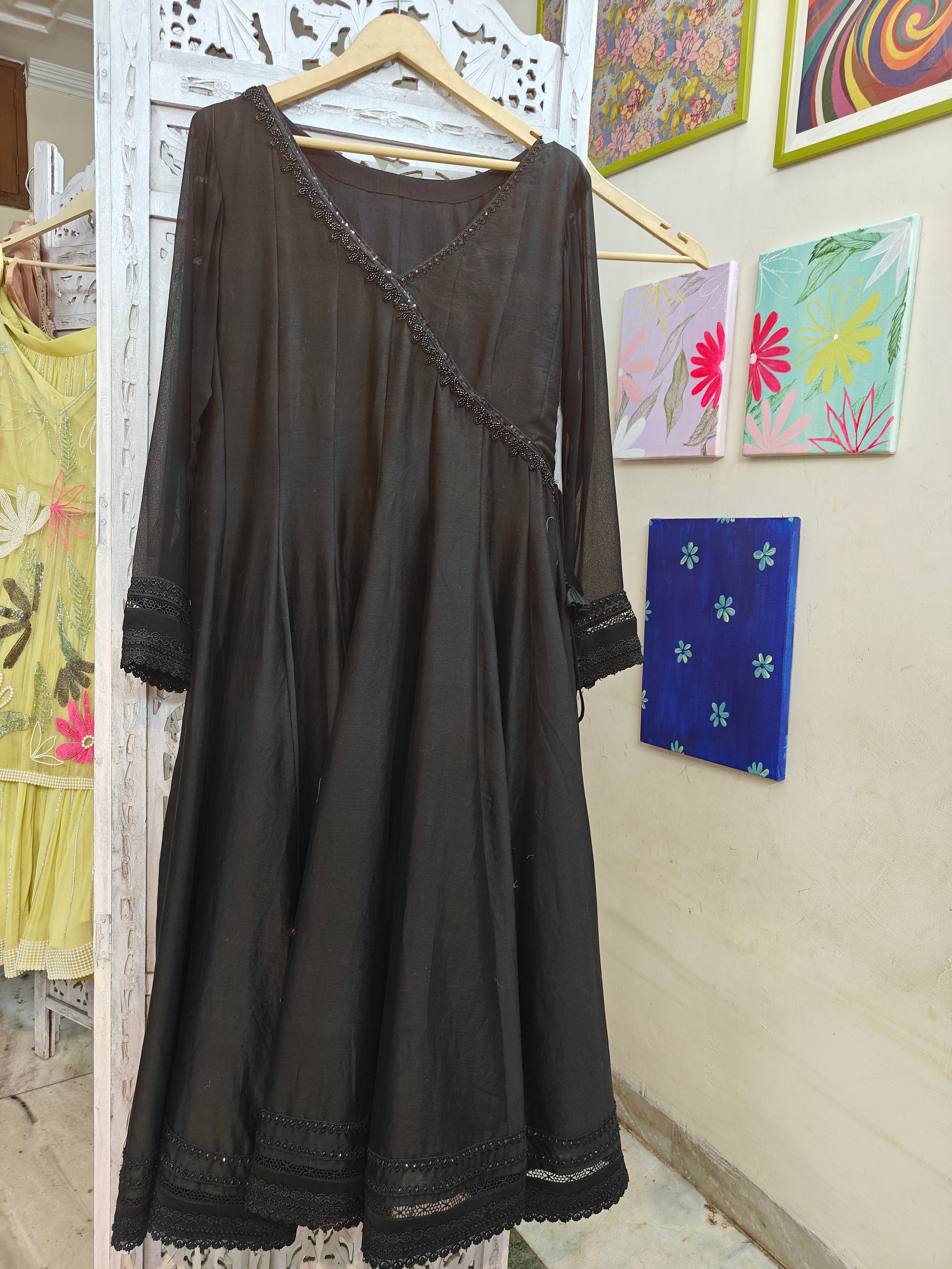 Black Pure Silk hand embroidered Anarkali with cotton silk pants