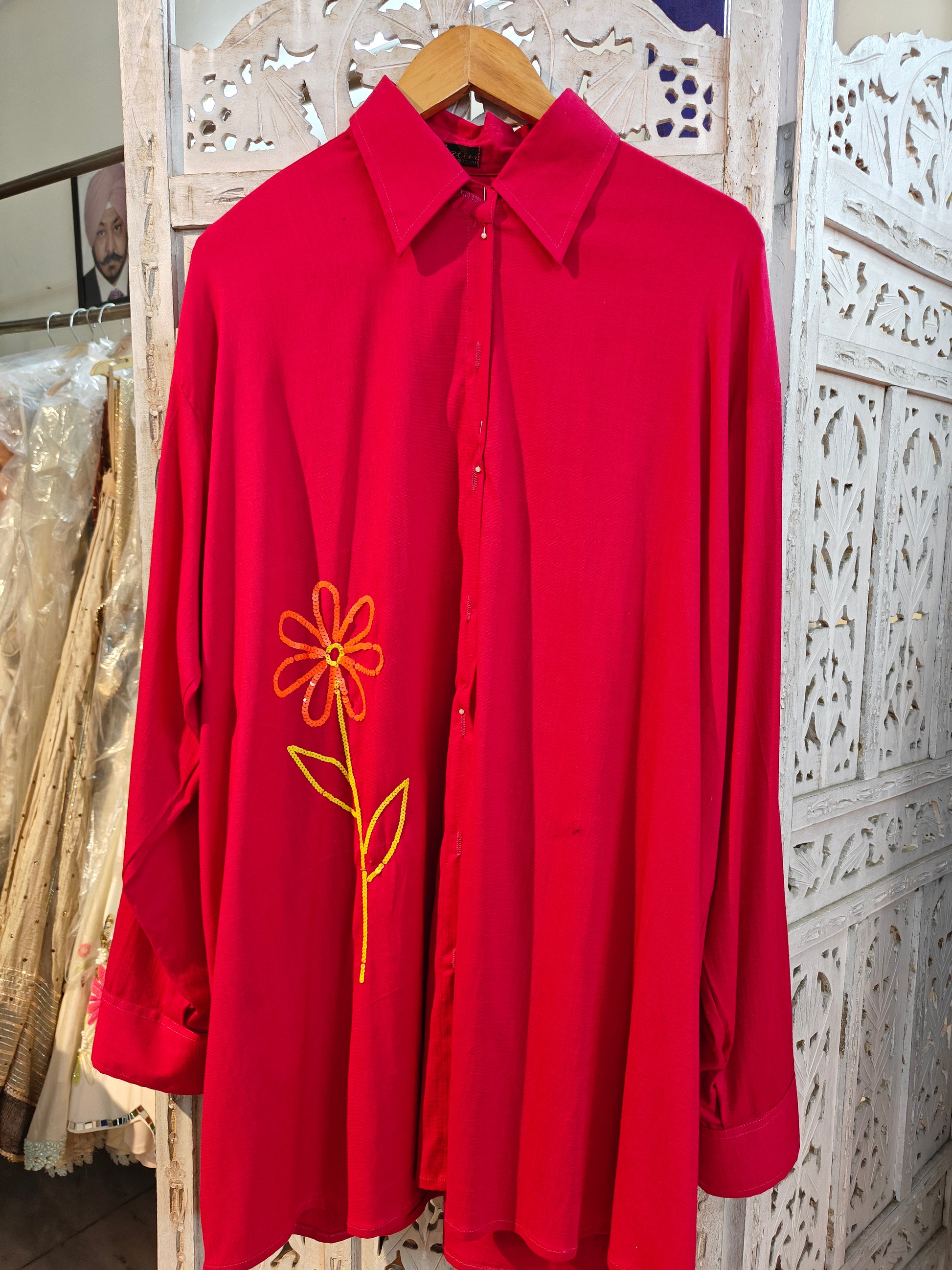 Hot Pink Oversized Shirt for Women – Linen Lycra Free Size Embroidered Sequin Shirt | Trendy Travel, Office &amp; Festive Wear
