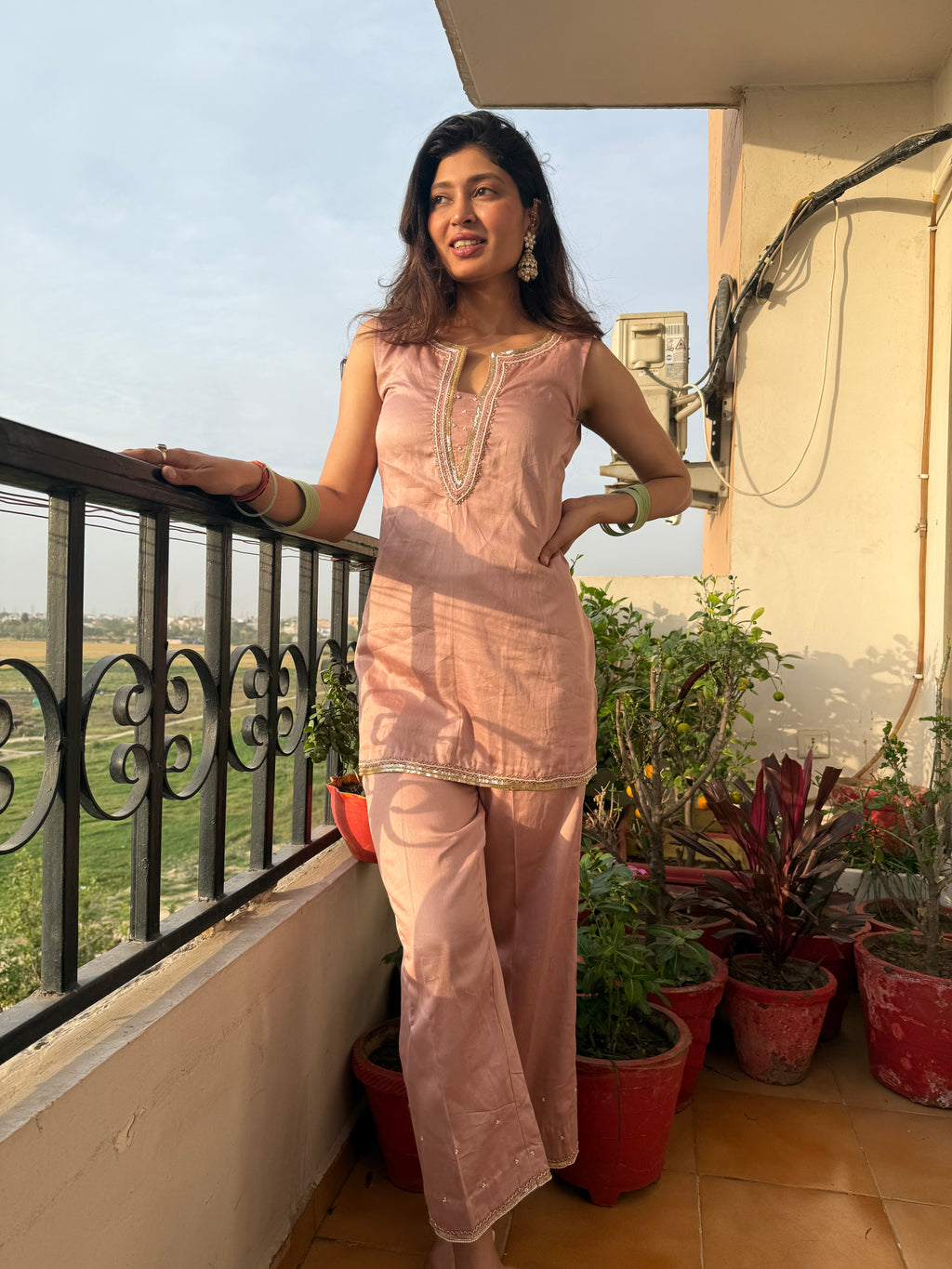 Meethi - KURTA Rose Gold Hand Embroidered Sleeveless Kurta | Elegant Cotton Kurti for Rakhi & Everyday Wear