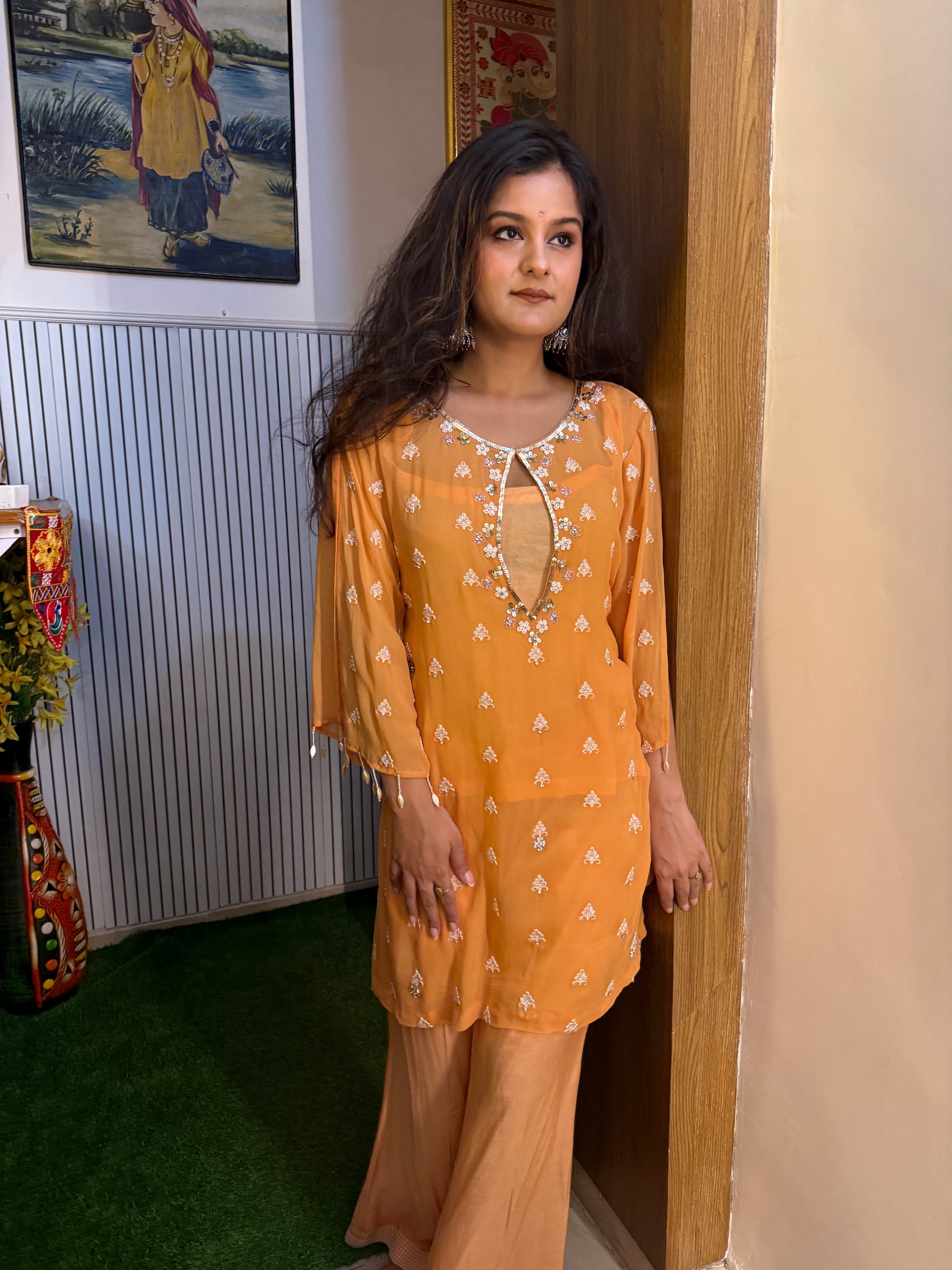 Orange Georgette Cord set with Hand embroidery and pearl details- FESTIVE AND WEDDING WEAR
