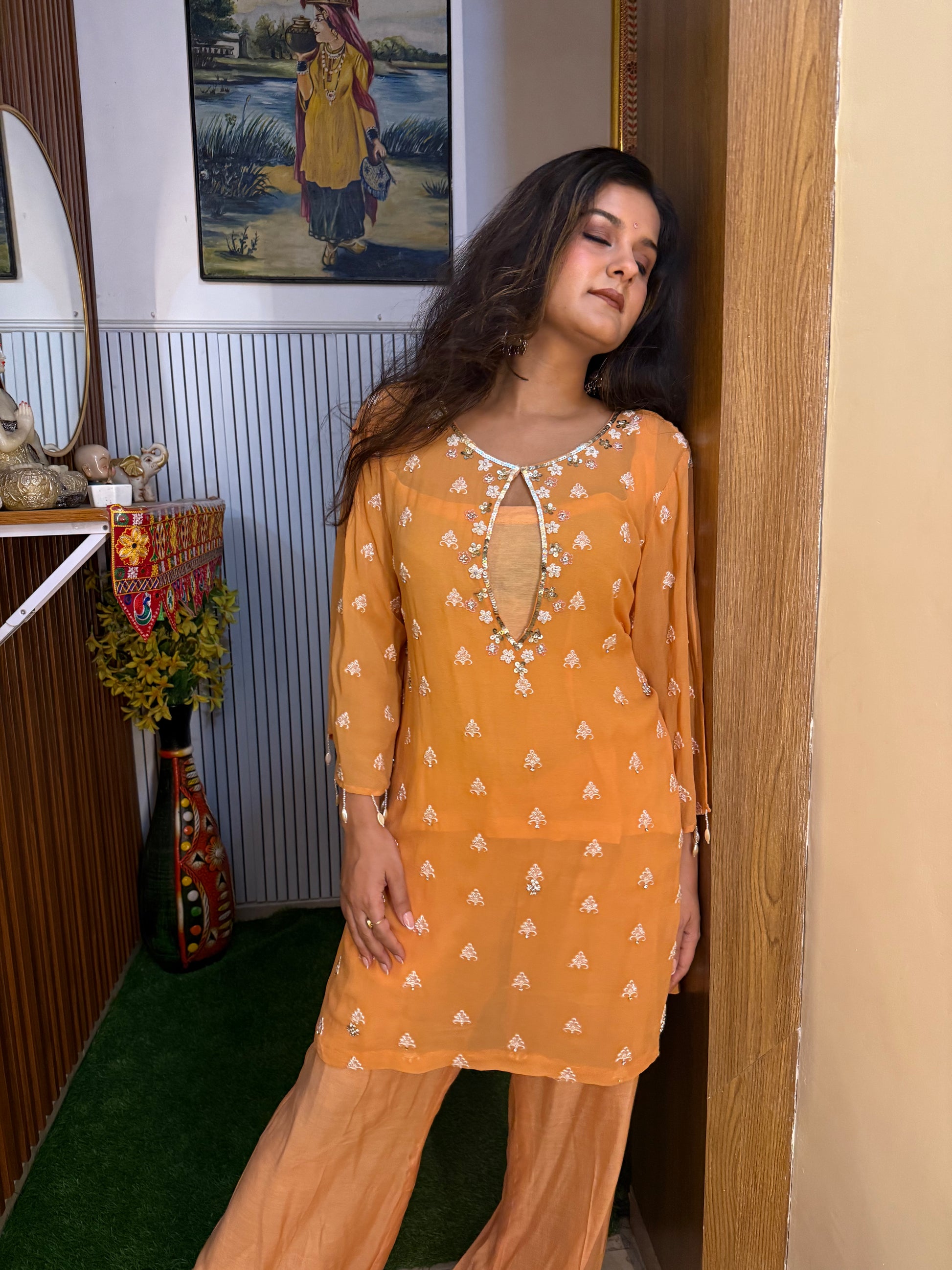 Orange Georgette Cord set with Hand embroidery and pearl details- FESTIVE AND WEDDING WEAR