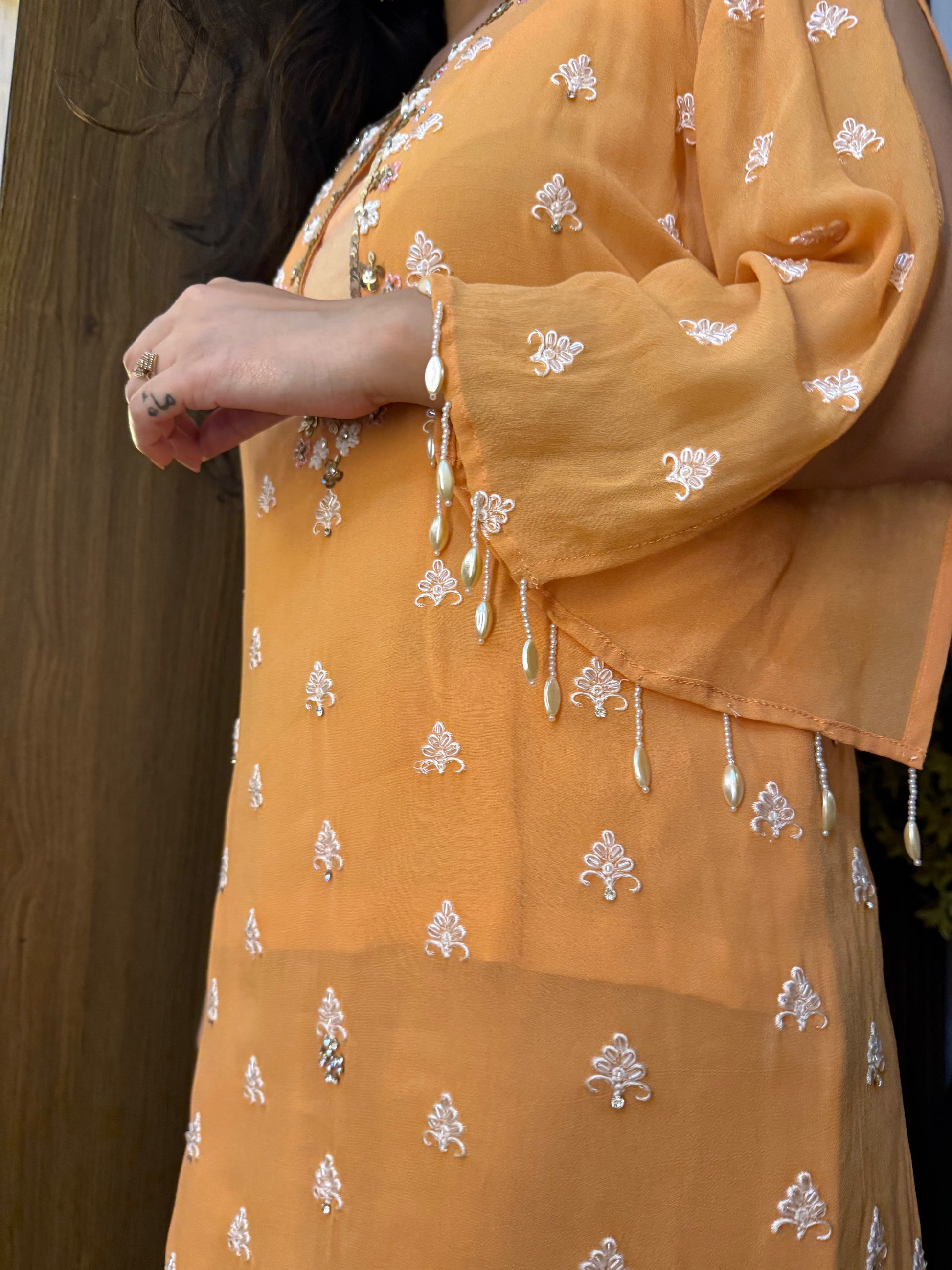 Orange Georgette Cord set with Hand embroidery and pearl details- FESTIVE AND WEDDING WEAR