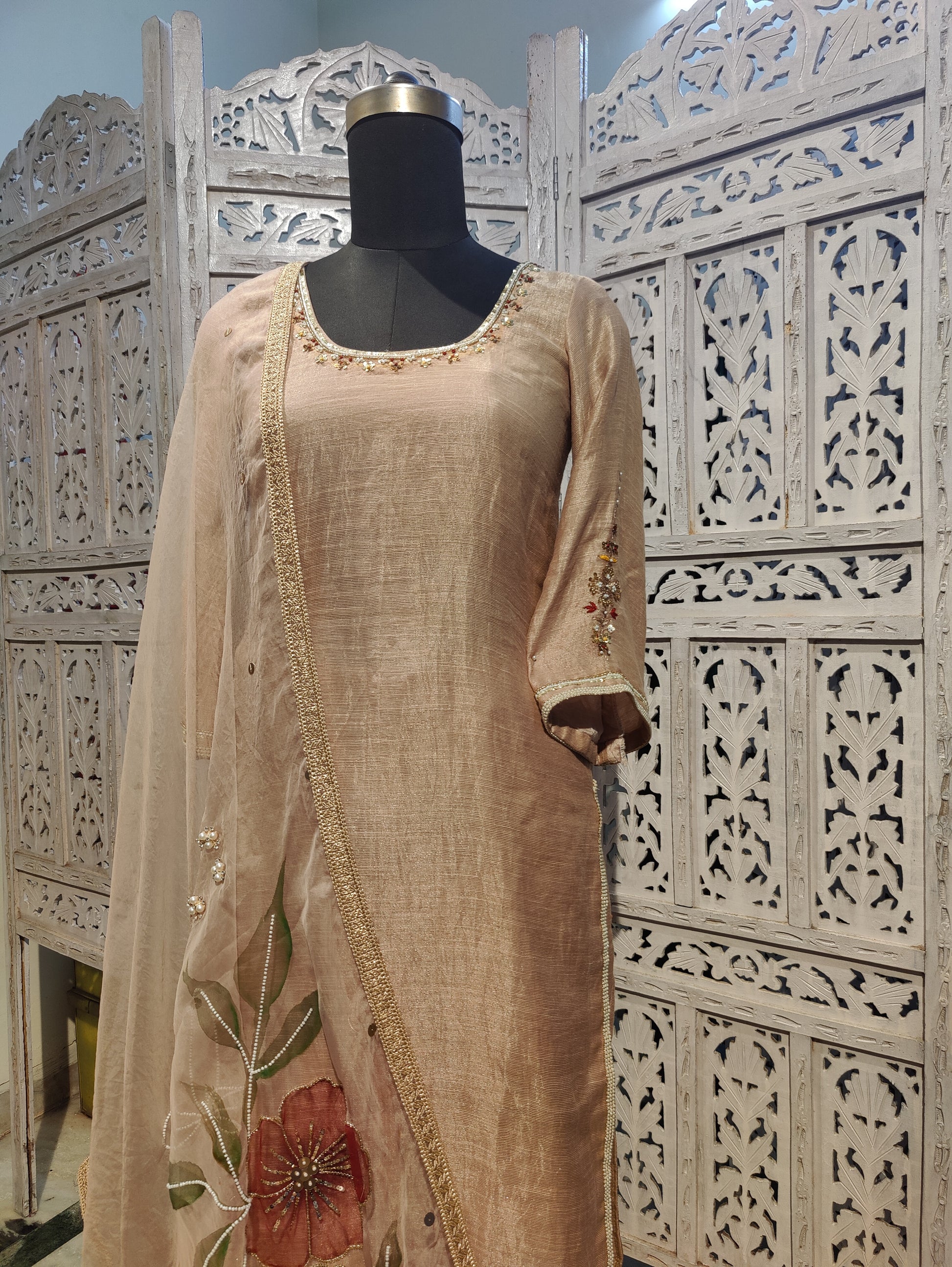 Jasmine Pure Chanderi Hand painted suit with Handwork
