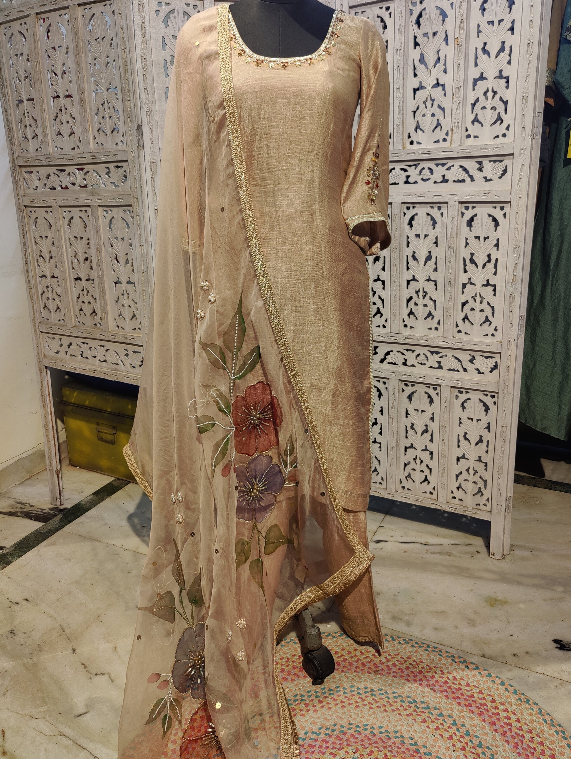 Jasmine Pure Chanderi Hand painted suit with Handwork